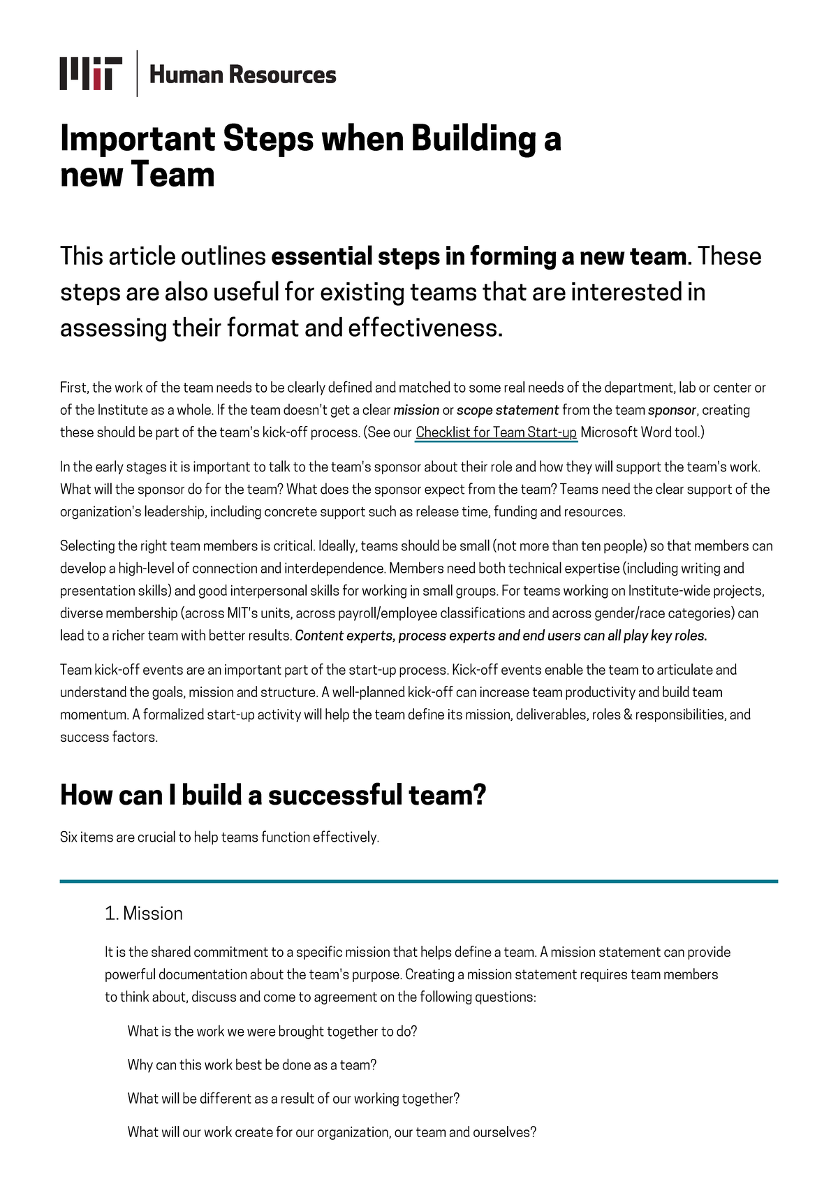 Important Steps when Building a new Team MIT Human Resources - EX SCI ...