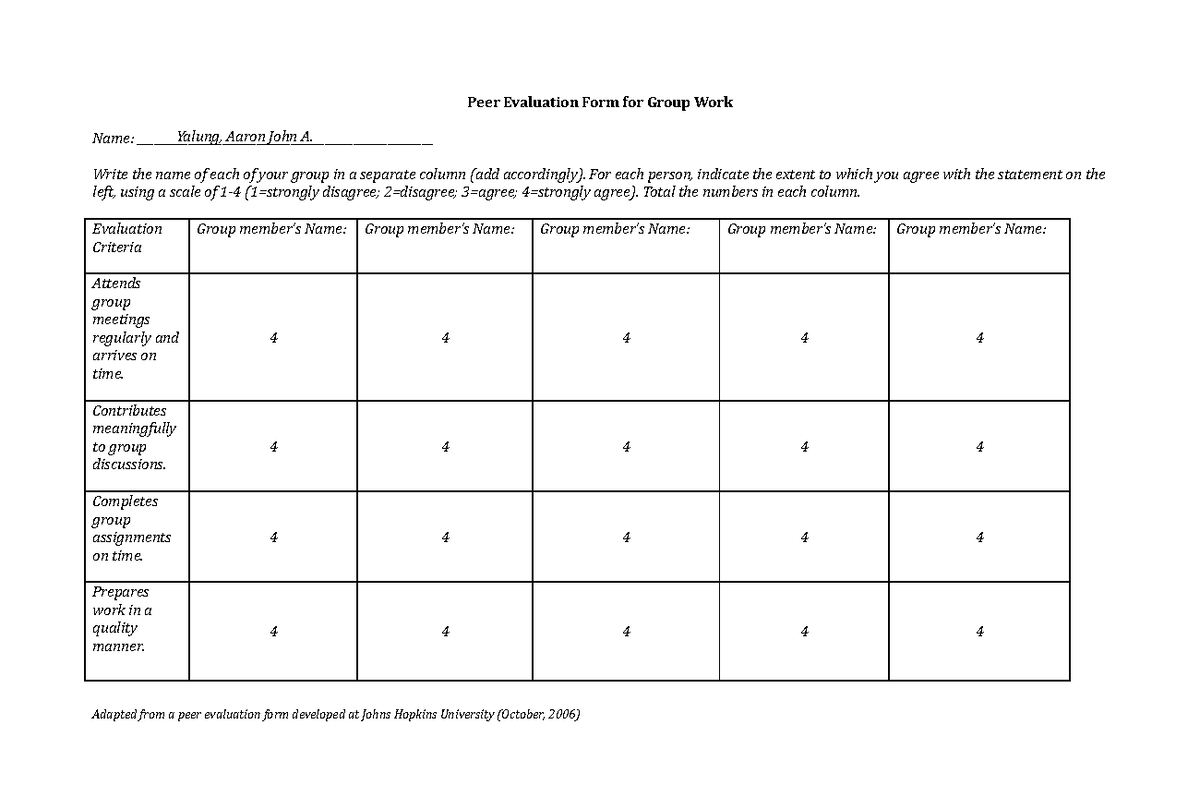 Peer-Evaluation - none - Peer Evaluation Form for Group Work Name ...