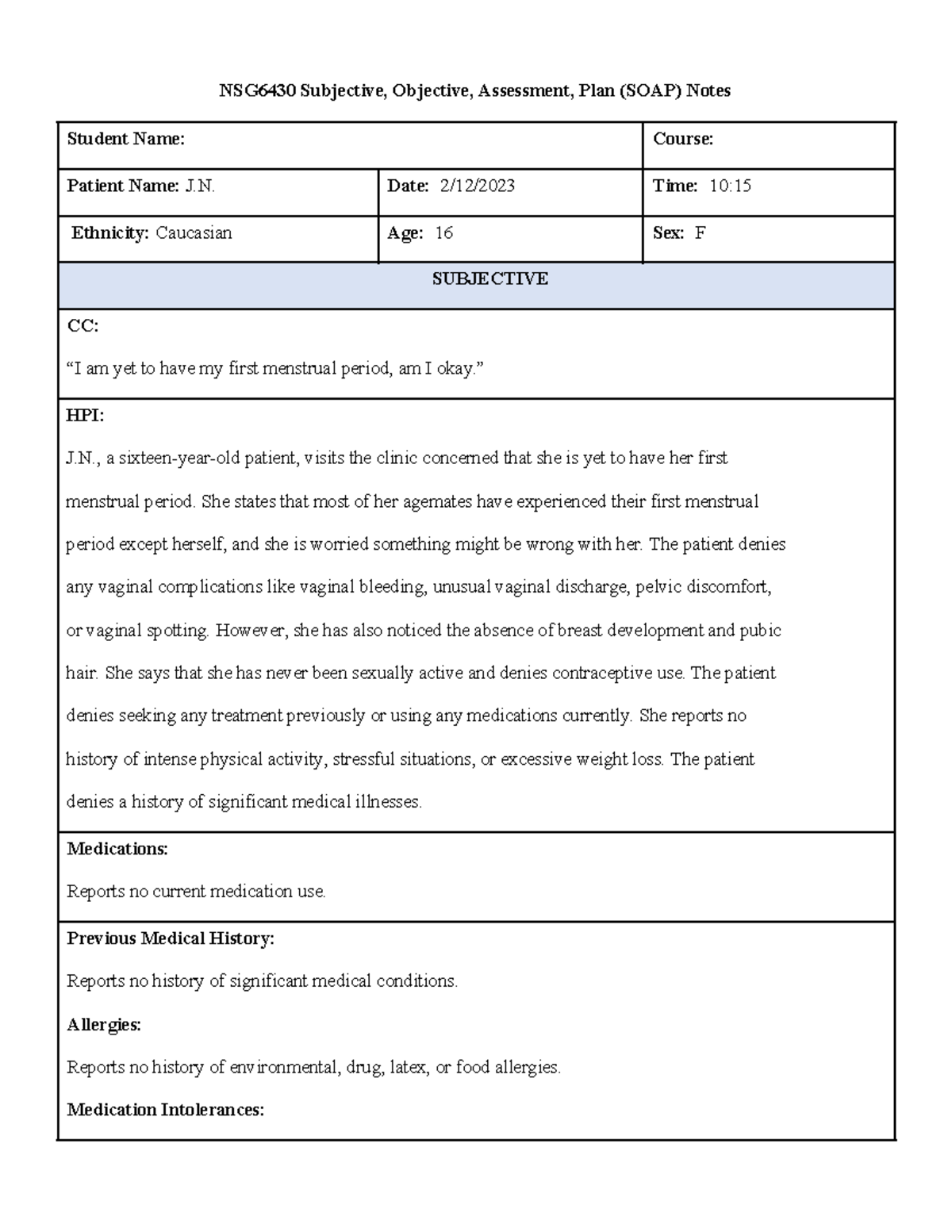 6430 Week 1 soapnote Esperanza NSG6430 Subjective Objective