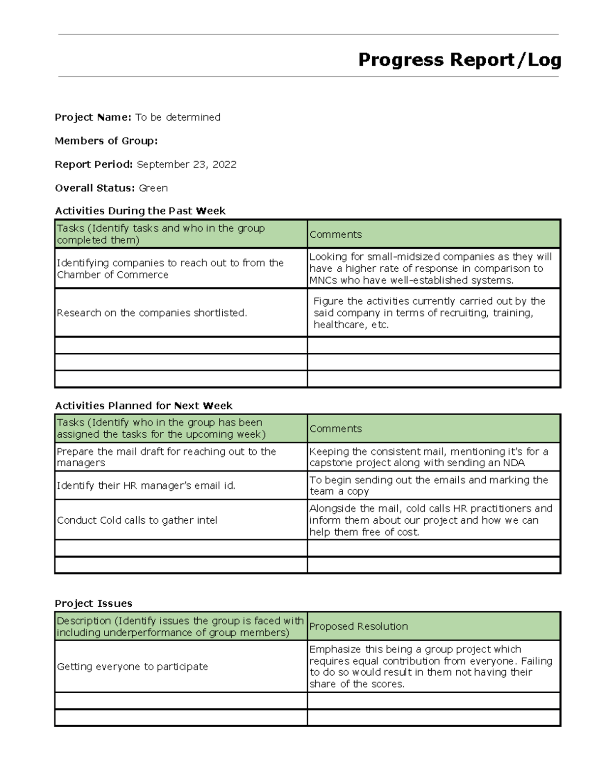 Group Project Log 1 - Progress Report/Log Project Name: To be ...