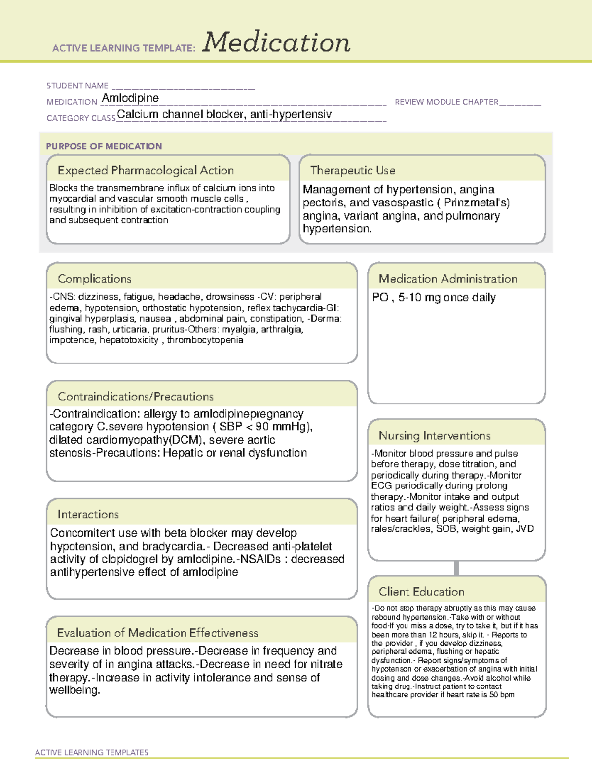 Amlodipine - template - ACTIVE LEARNING TEMPLATES Medication STUDENT ...