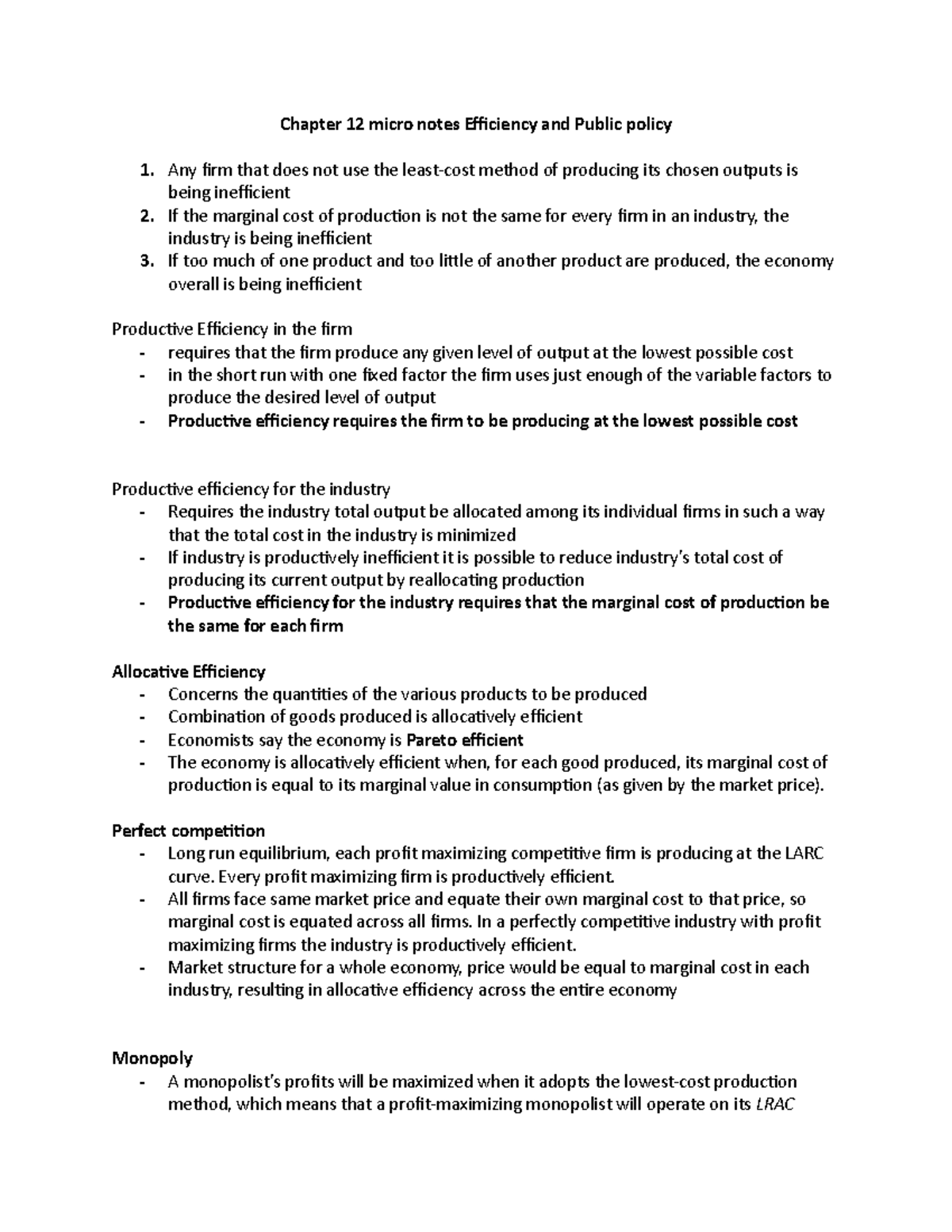 Chapter 12 micro notes Efficiency and Public policy - Perfect ...