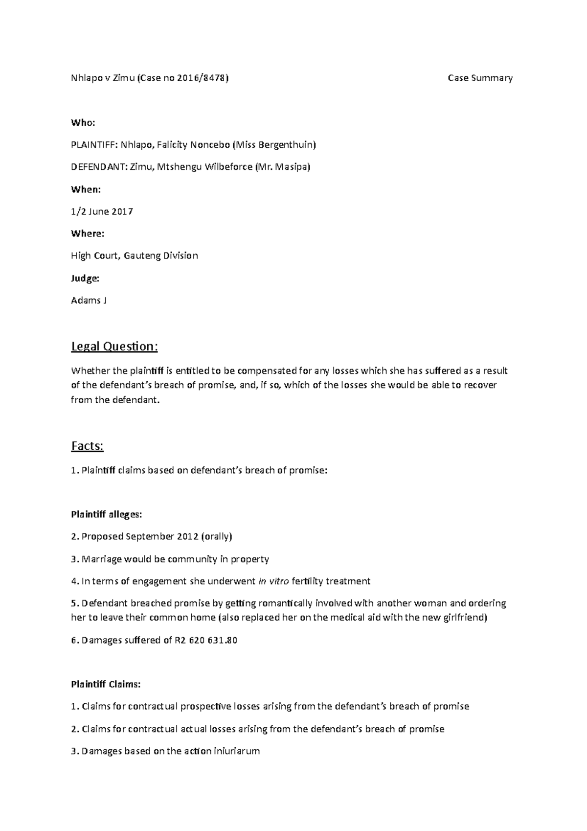 Nhlapo v Zimu Case Summaries Private Law 171 Stellenbosch Nhlapo v