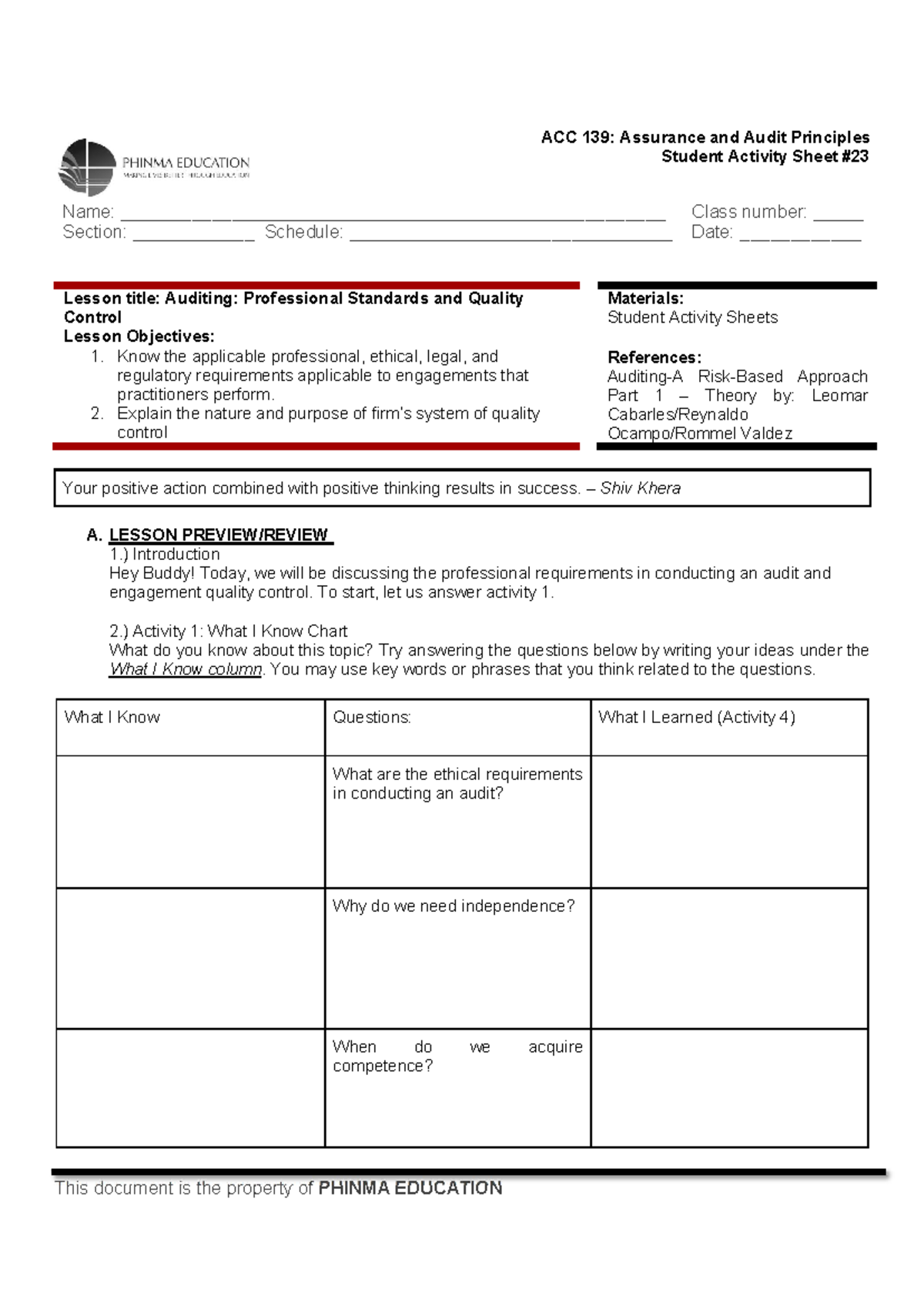 ACC-139 SAS Day 23 - lecture notes on Audit - Student Activity Sheet ...