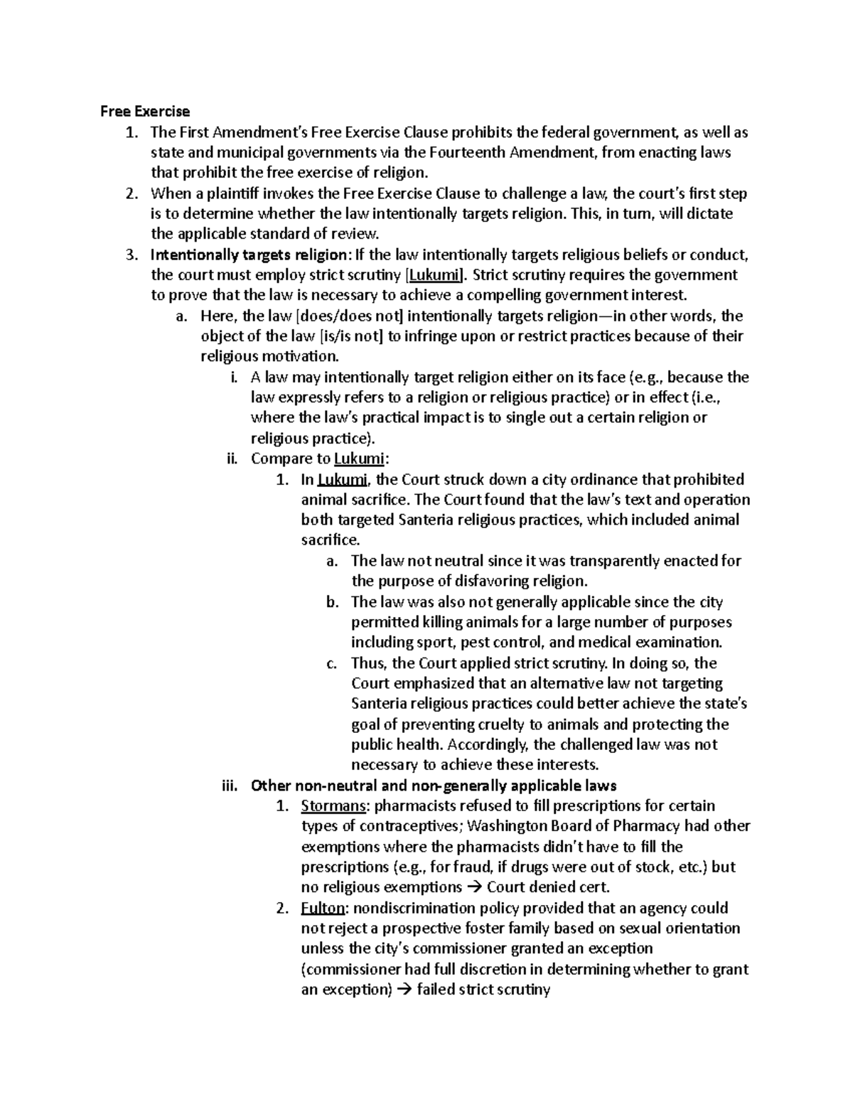 Constitutional Law II attack outline - Free Exercise 1. The First ...