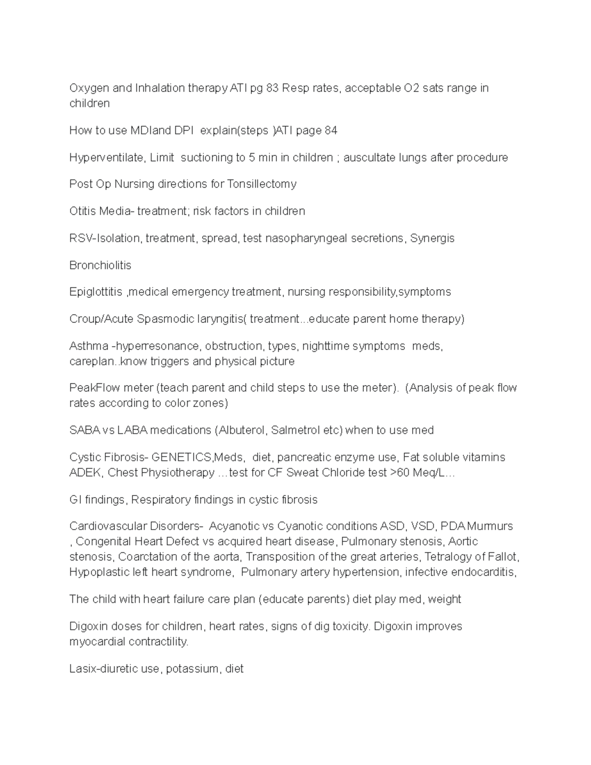 Peds Concepts Map Notes Oxygen and Inhalation therapy ATI pg 83