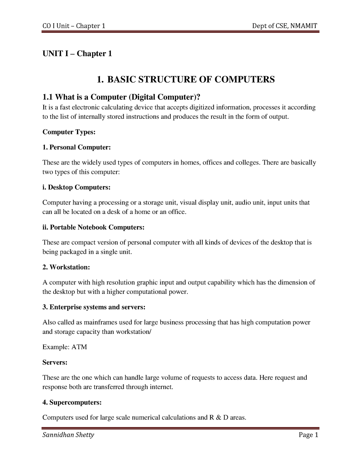 COA Unit 1 Chap 1 R - Class Notes - UNIT I – Chapter 1 1. BASIC ...