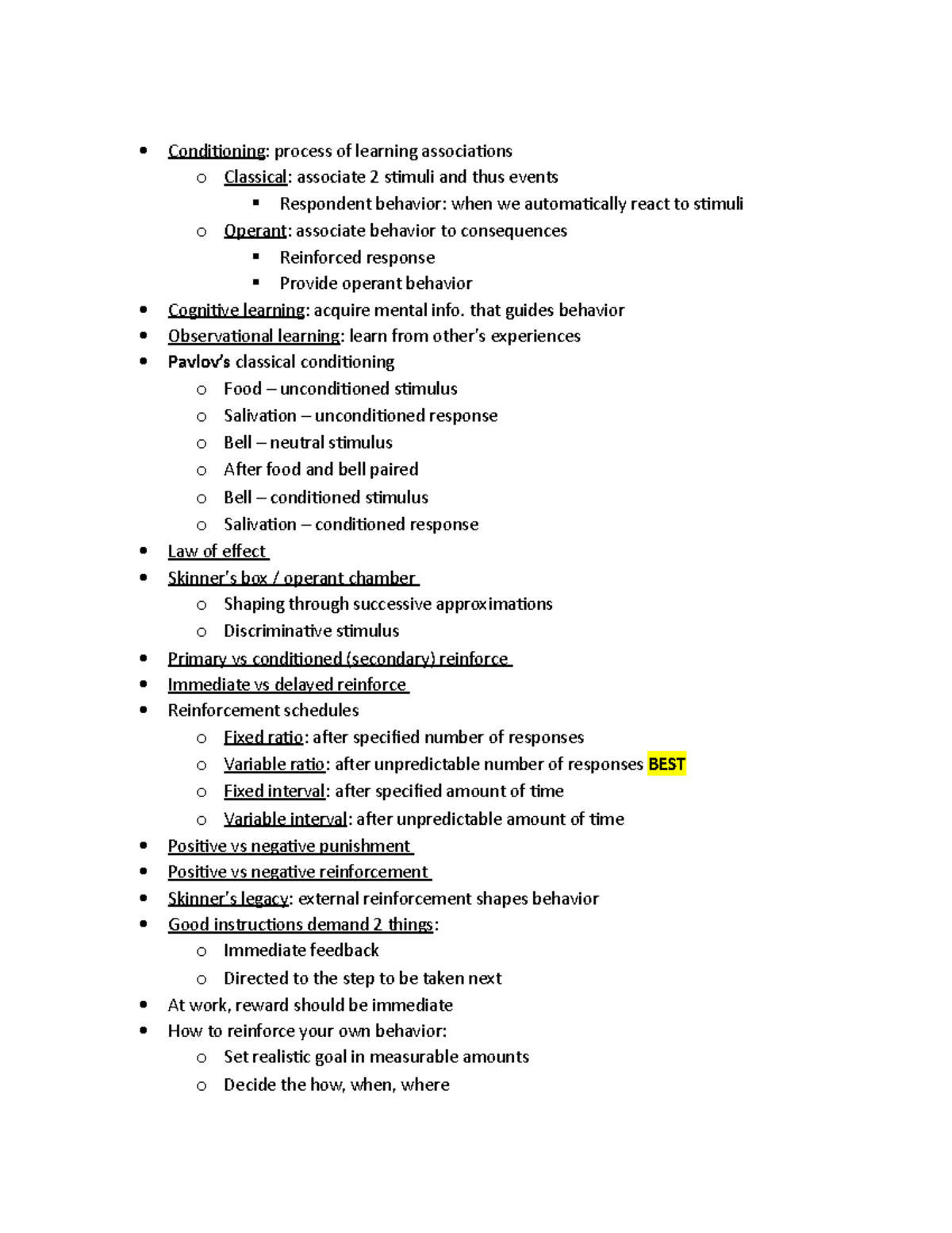 7 - notes on notes - Conditioning: process of learning associations o ...