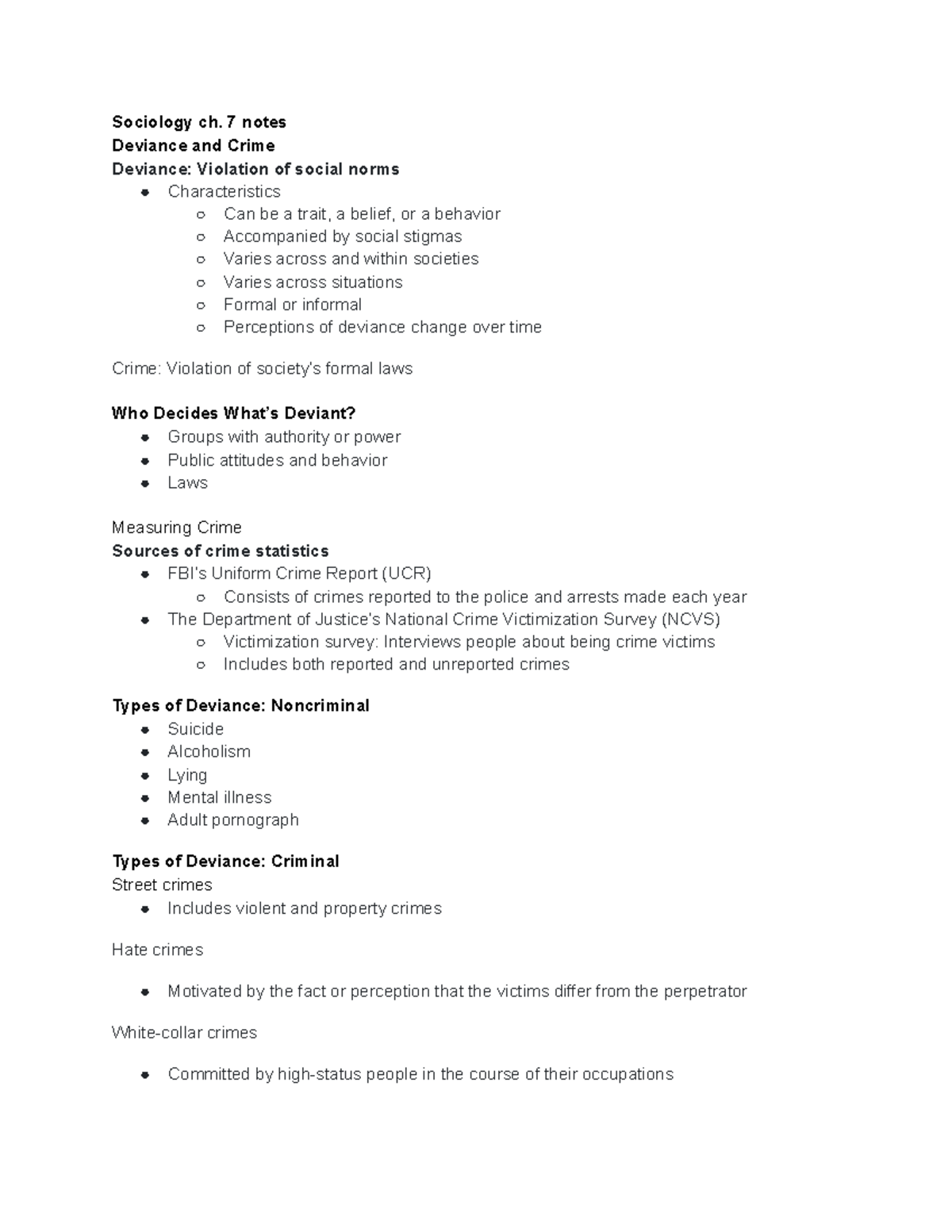 Sociology ch.7 notes - Sociology ch. 7 notes Deviance and Crime ...
