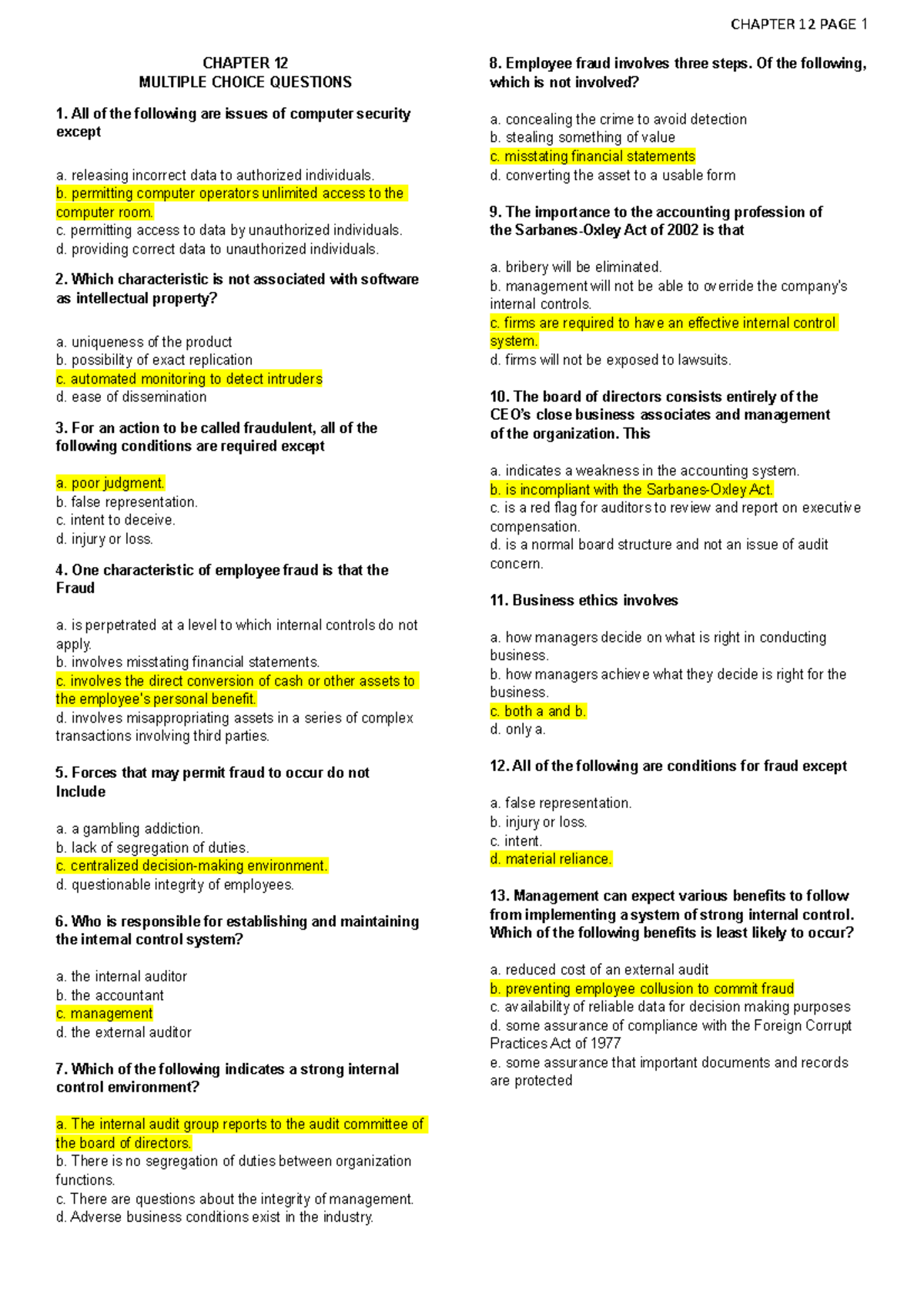 Chapter 12 MC QUIZ With Answers - CHAPTER 12 PAGE 1 CHAPTER 12 MULTIPLE ...