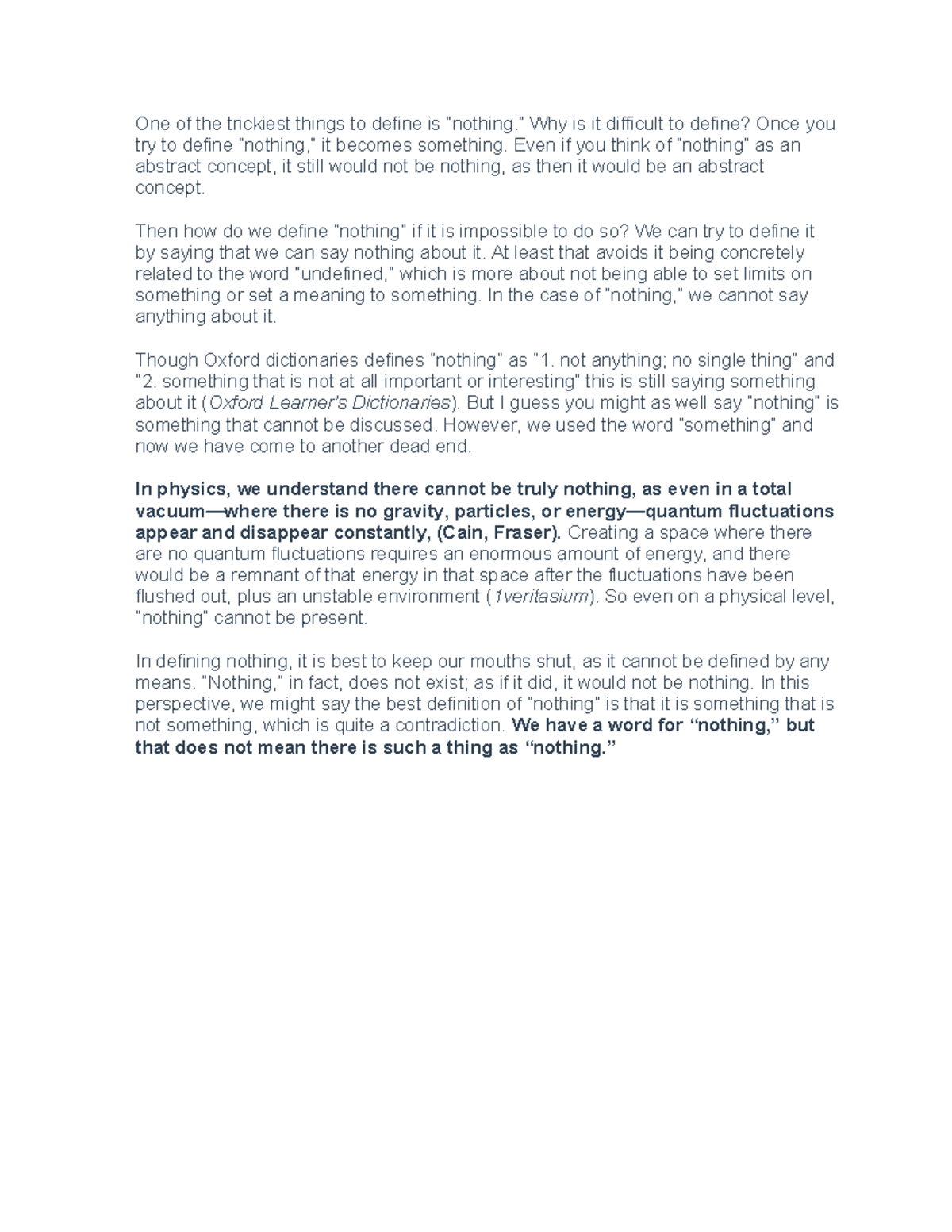 Nothing - definition essay - One of the trickiest things to define is ...