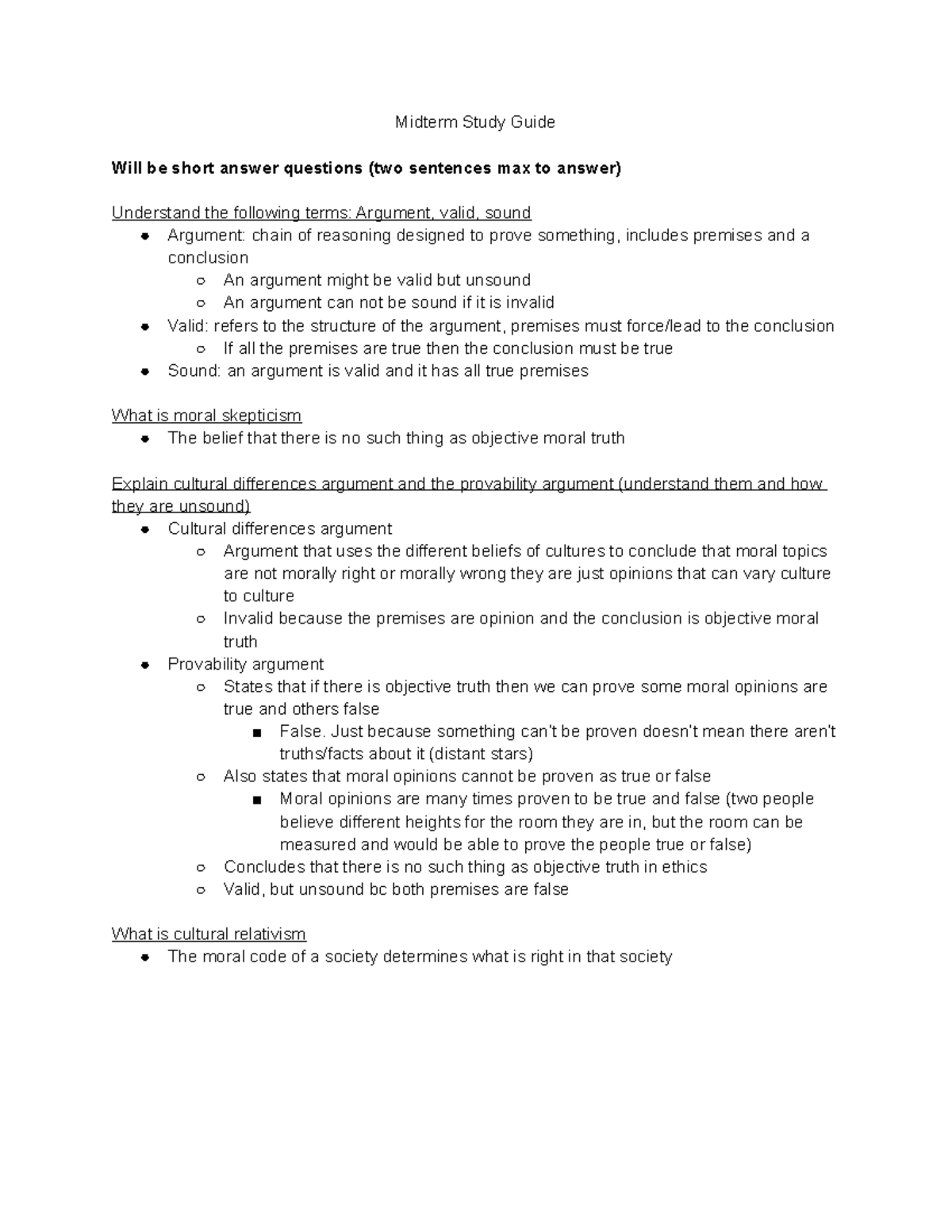 Philosophy Mid Term Study Guide - Midterm Study Guide Will be short ...