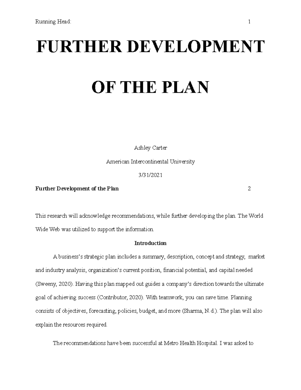 Further Development 2021 - Running Head: 1 FURTHER DEVELOPMENT OF THE ...