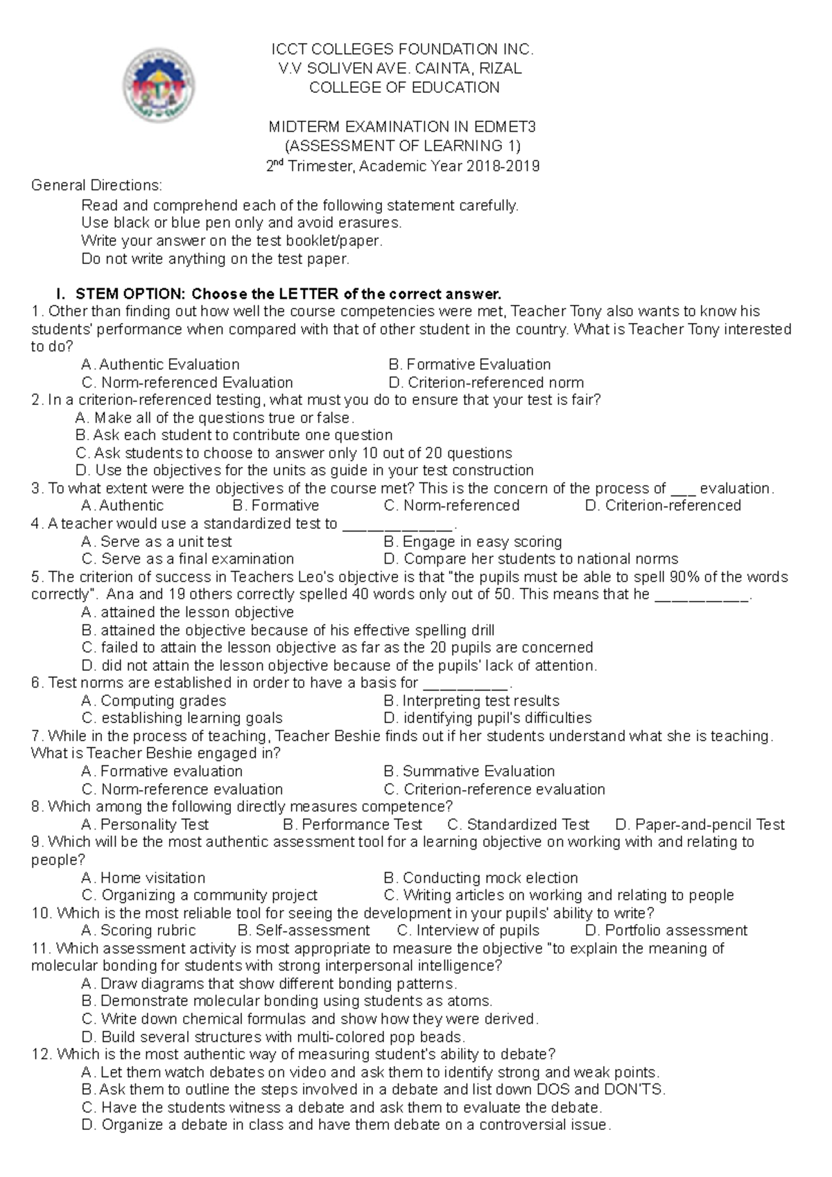 Assessment OF Learning URS - ICCT COLLEGES FOUNDATION INC. V SOLIVEN ...