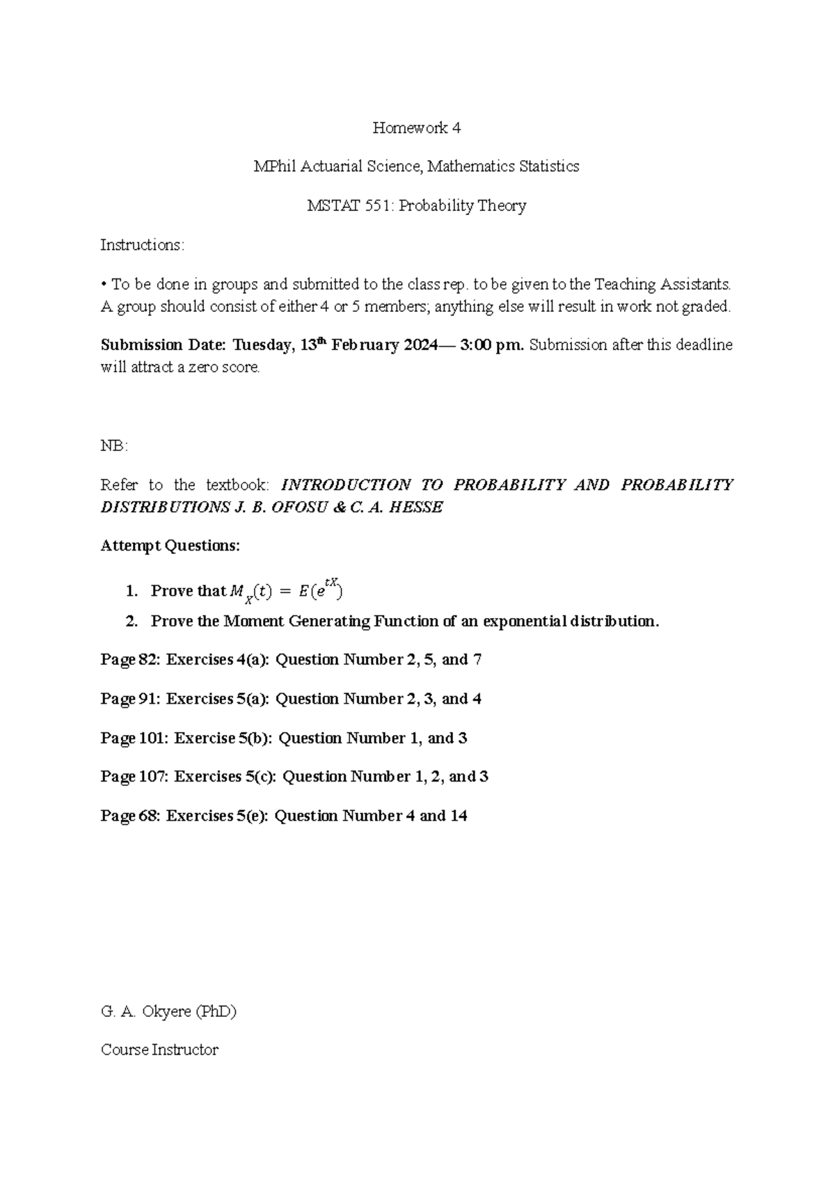 Mstat 551 Homework 4 - Practice Material - Homework 4 MPhil Actuarial ...