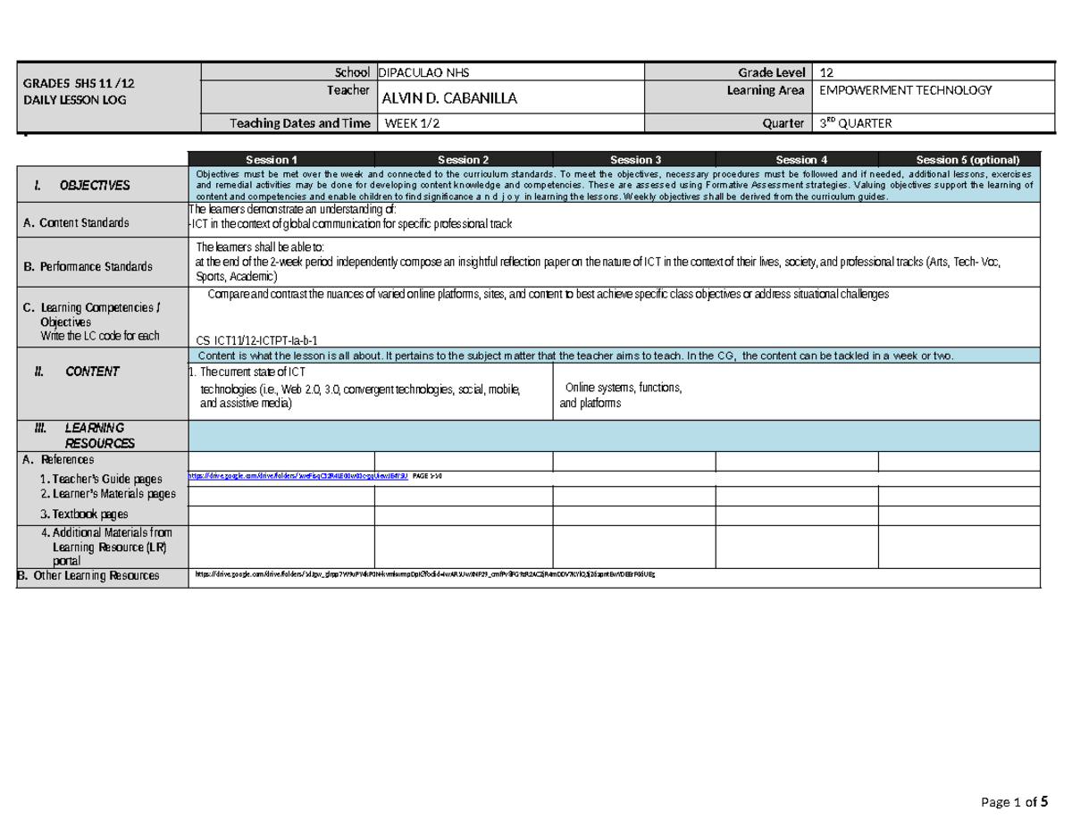 Etech WEEK 1 - DLL - GRADES SHS 11 / 12 DAILY LESSON LOG School ...