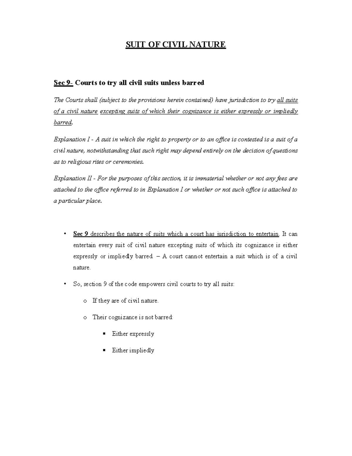 CPC Notes Unit 1- topic -2 - SUIT OF CIVIL NATURE Sec 9- Courts to try ...