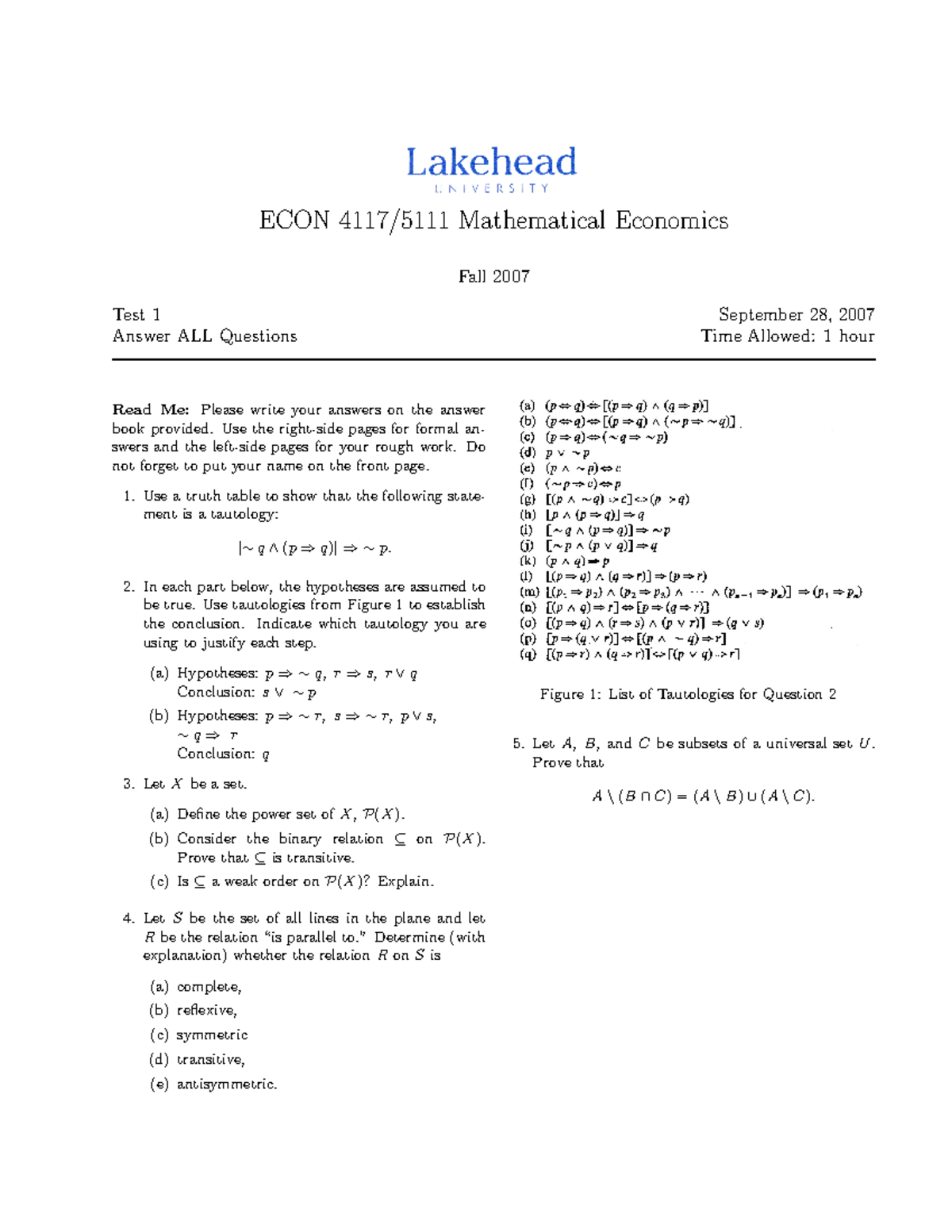 Exam 2007, questions - ECON Mathematical Economics Fall 2007 Test 1 ...