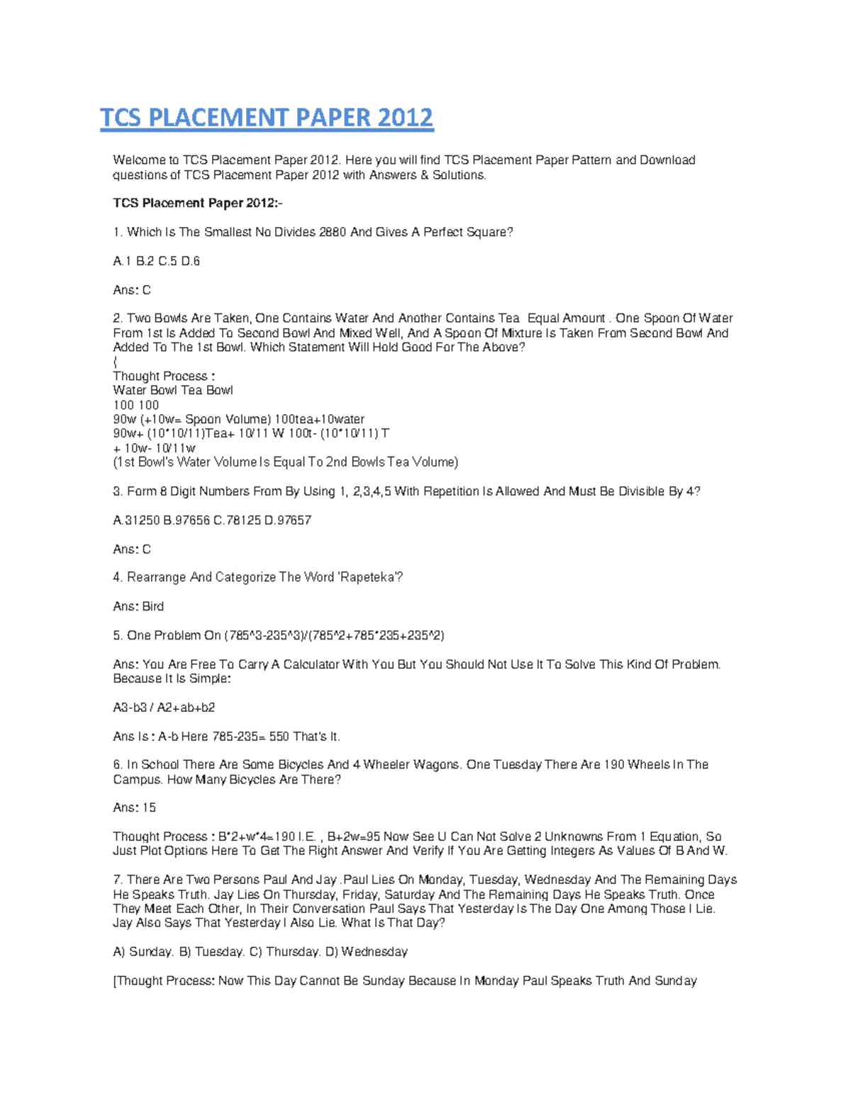 Tcs placement papers - For Interview preparations - Artificial ...