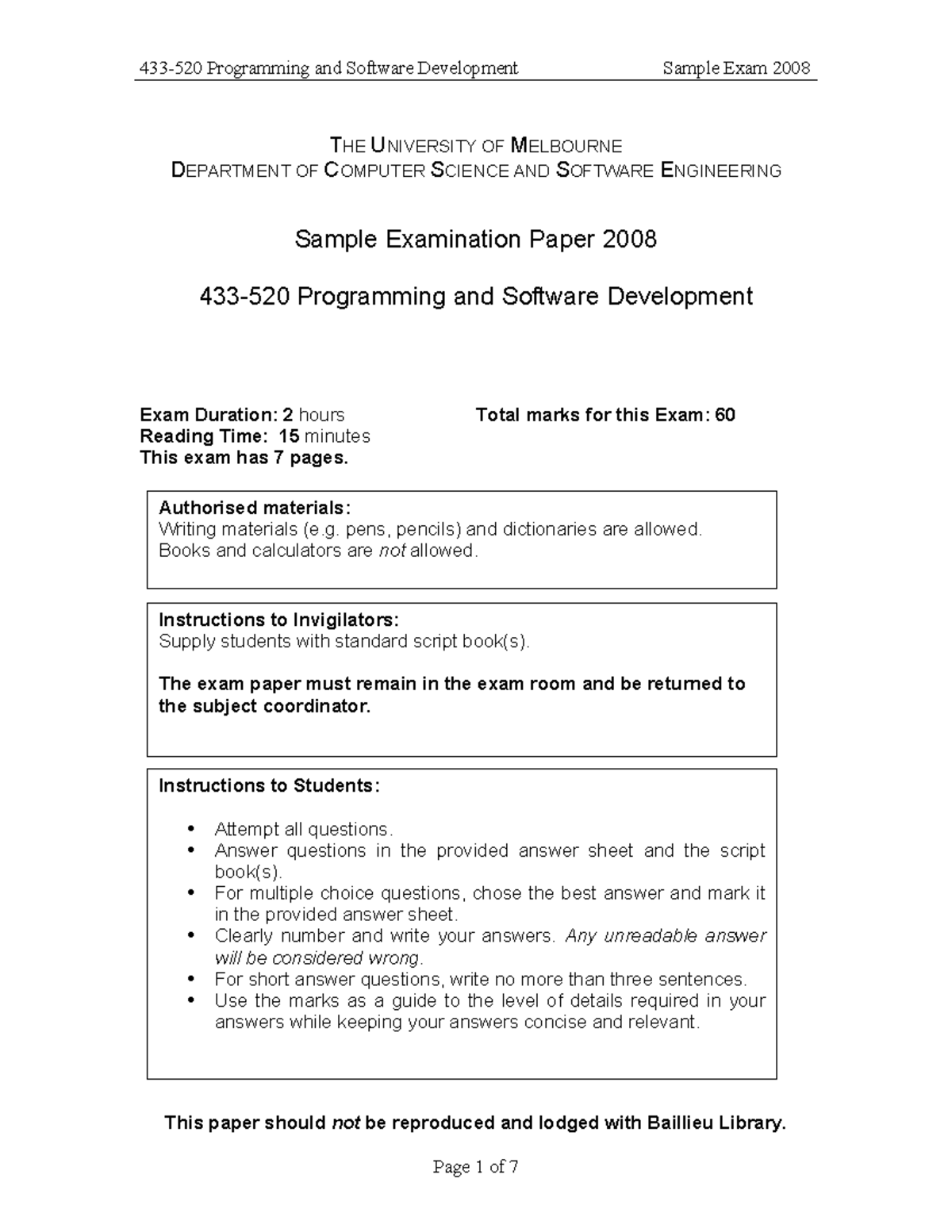 Exam 2010, questions - THE UNIVERSITY OF MELBOURNE DEPARTMENT OF ...
