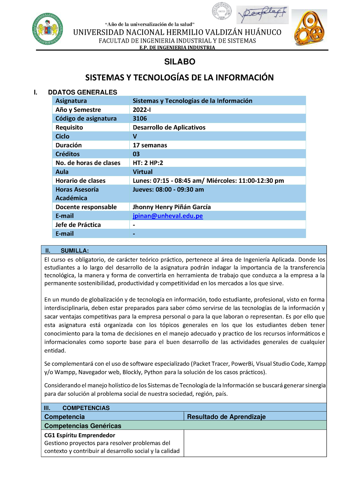 Silabos - Sistemas Y Tecnologías DE Información - 2022 - UNIVERSIDAD ...