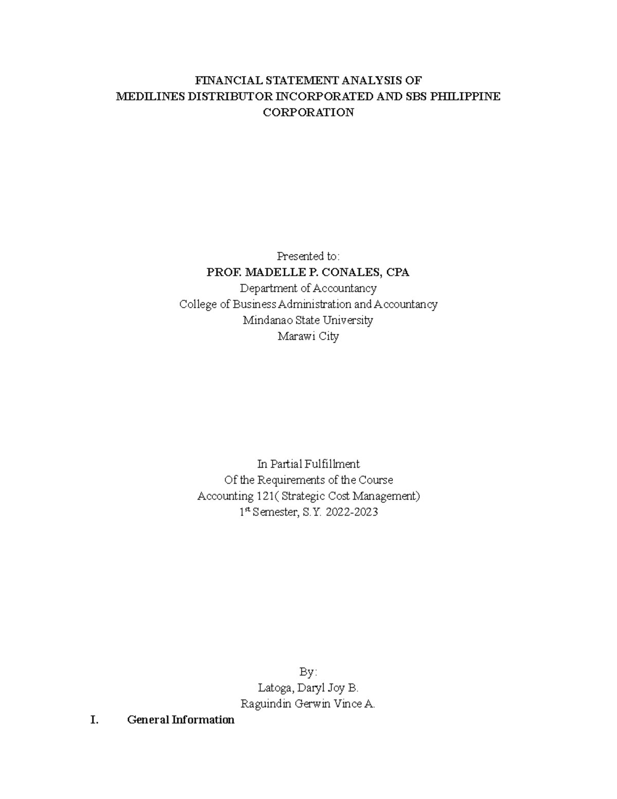 MDI FSA - FSA - FINANCIAL STATEMENT ANALYSIS OF MEDILINES DISTRIBUTOR ...