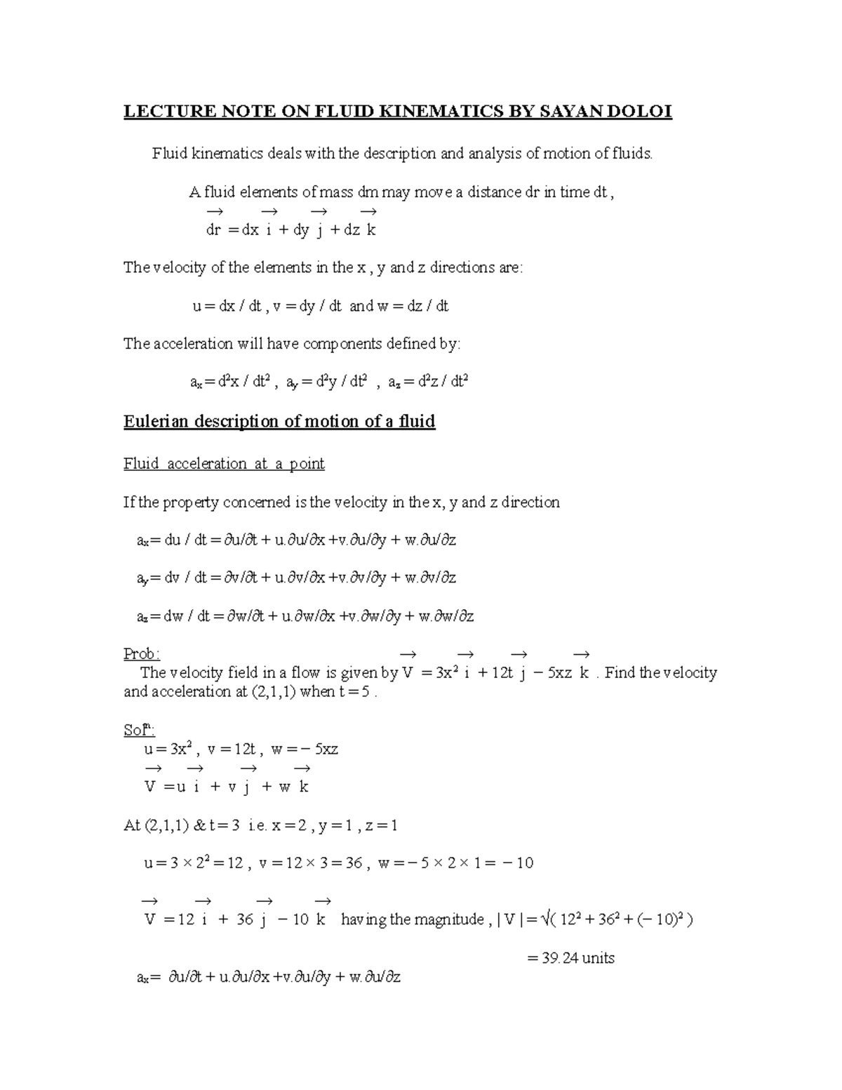 Fluid kinematics - Lecture notes 1 - Fluid Mechanics - KIIT University ...