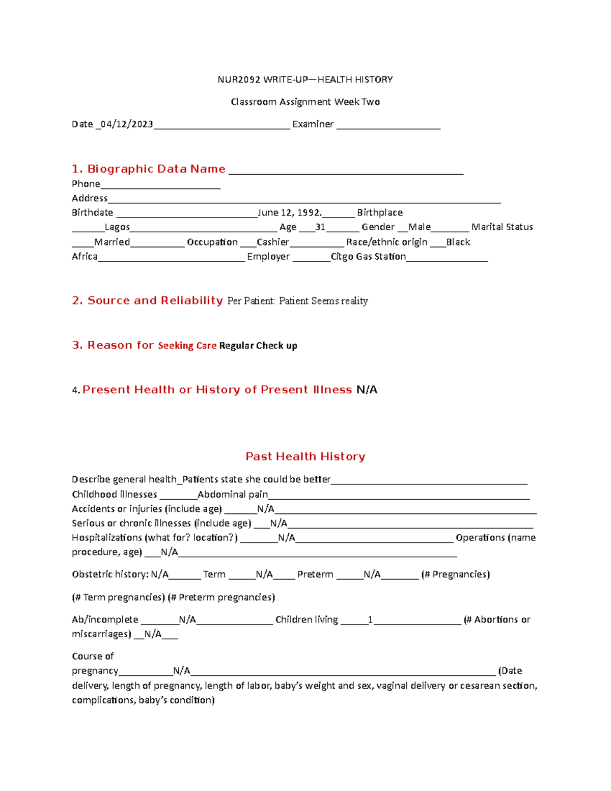 Healthassessment - I got a 100% on this assignment - NUR2092 WRITE-UP ...