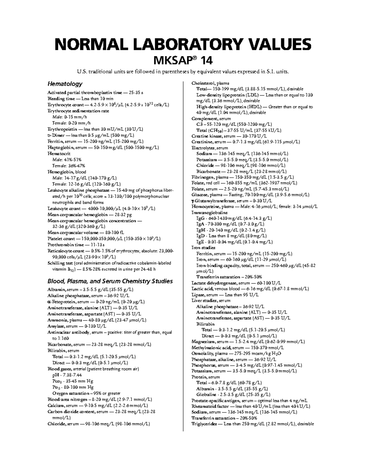 Normal values - Cholesterol, plasma Total — 150-199 mg/dL (3.88-5 mmol ...