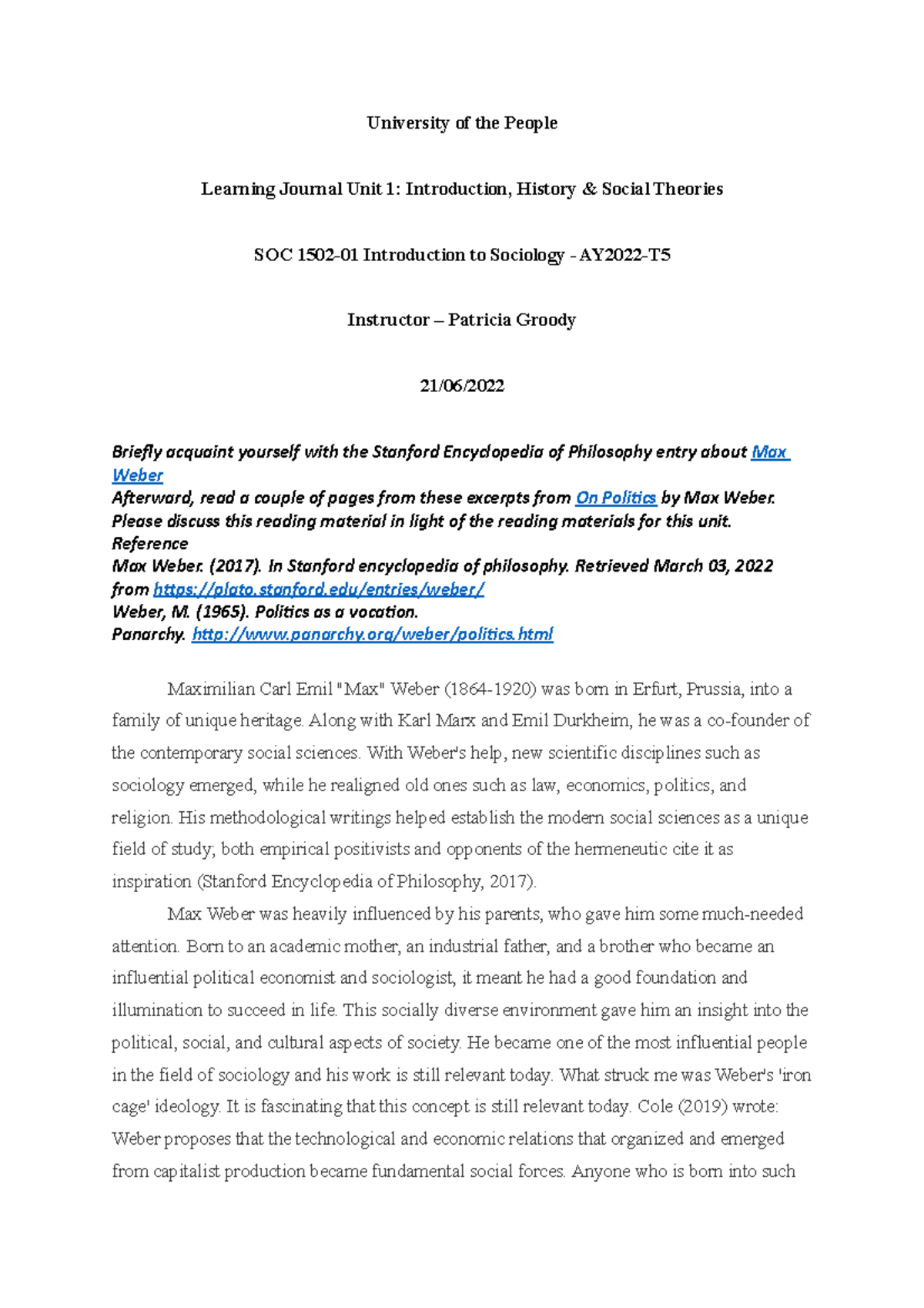 Dis 1 Soc Discuss Assignment unit 1 University of the People