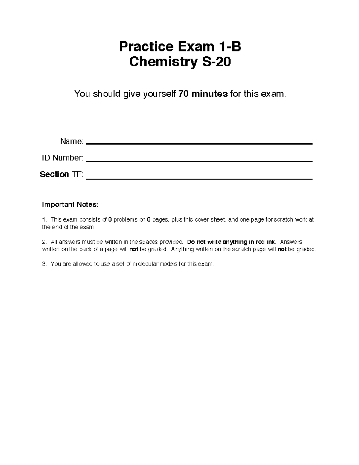 Practice-Exam-1B - Practice Test - Practice Exam 1-B Chemistry S- You ...