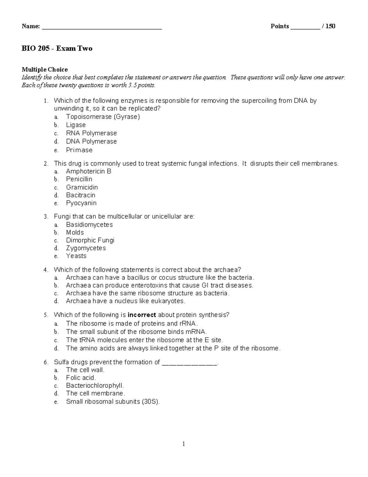 BIO 205 Exam 2 2017 Previous Exam Used Name