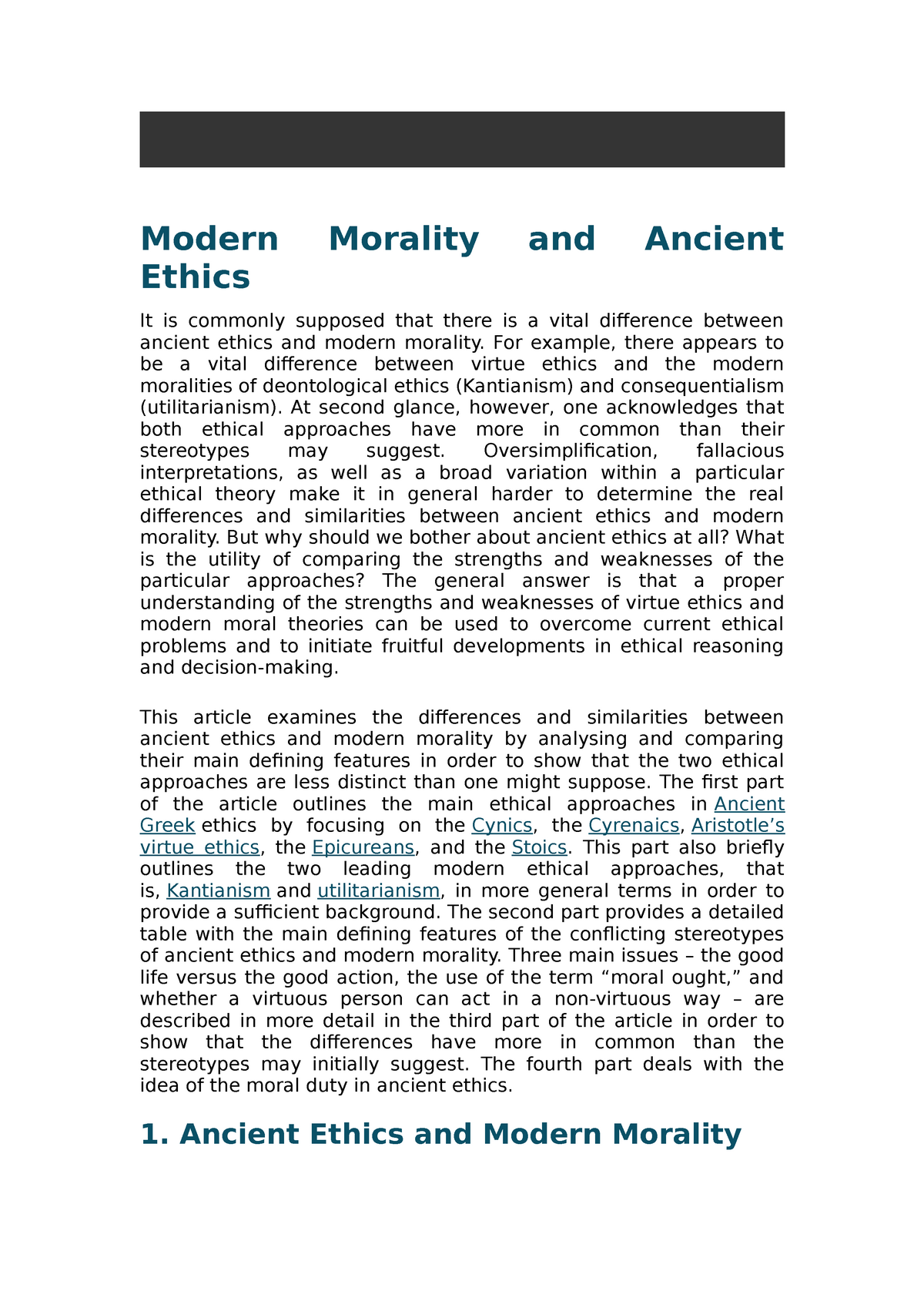 Modern Morality And Ancient Ethics Modern Ethics Morality And Ancient 