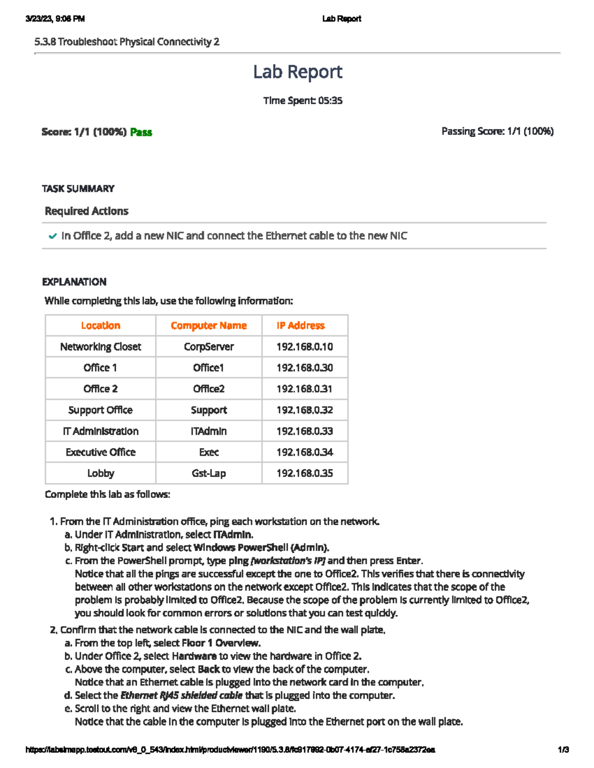 5.3.8 Troubleshoot Physical Connectivity 2 906 PM Lab Report 5.3