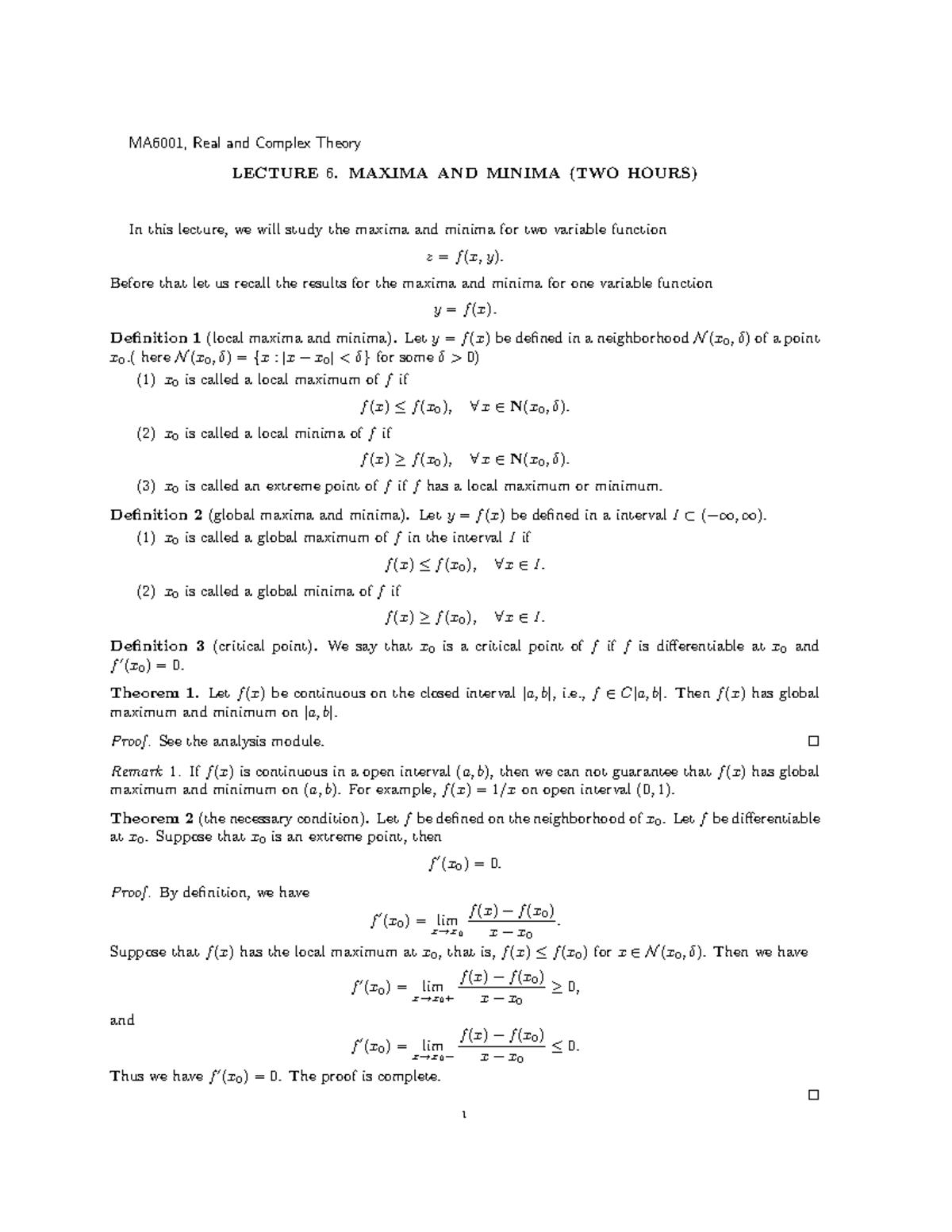Lecture notes 6 - Real and Complex Function Theory - MA6001, Real and ...