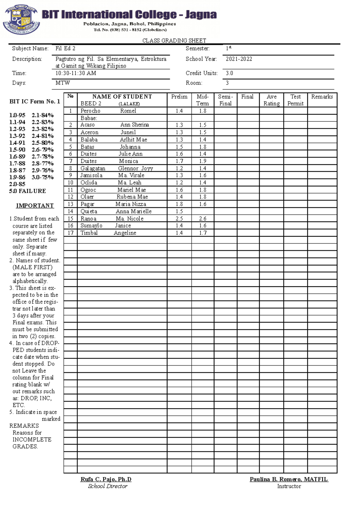 BEED 2 Fil Ed 1 - AY 2020-2021 grading method which is systematical to ...