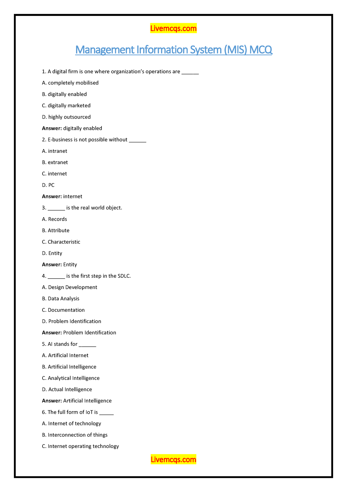 Management Information System (MIS) MCQ PDF - Management Information ...