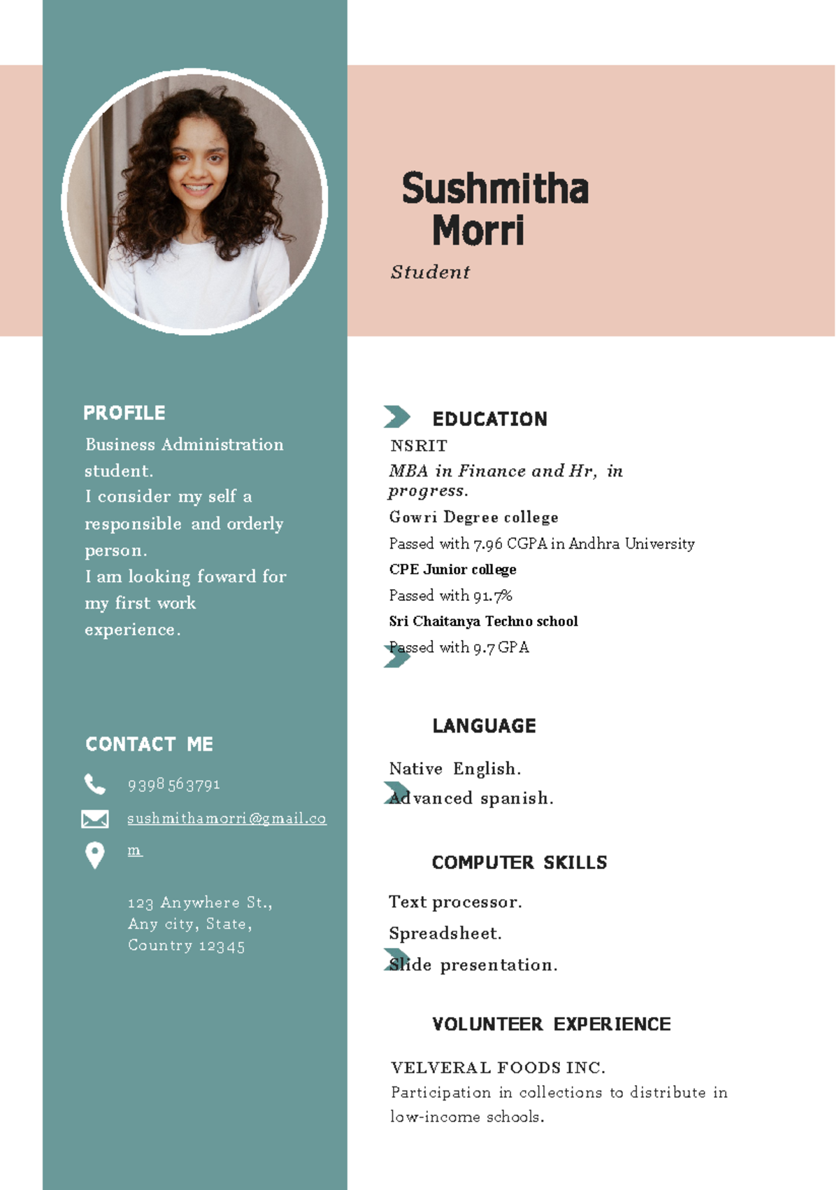 White Simple Student Cv Resume - Sushmitha Morri Student PR OF IL E ...