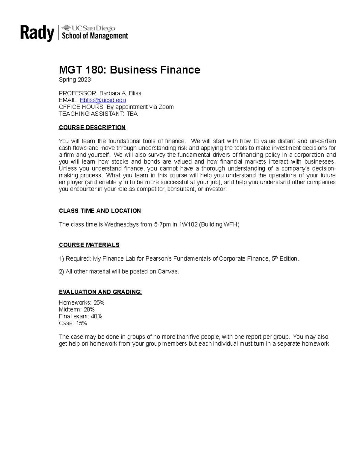 Syllabus MGT180 Bliss W2023 - MGT 180: Business Finance Spring 2023 ...