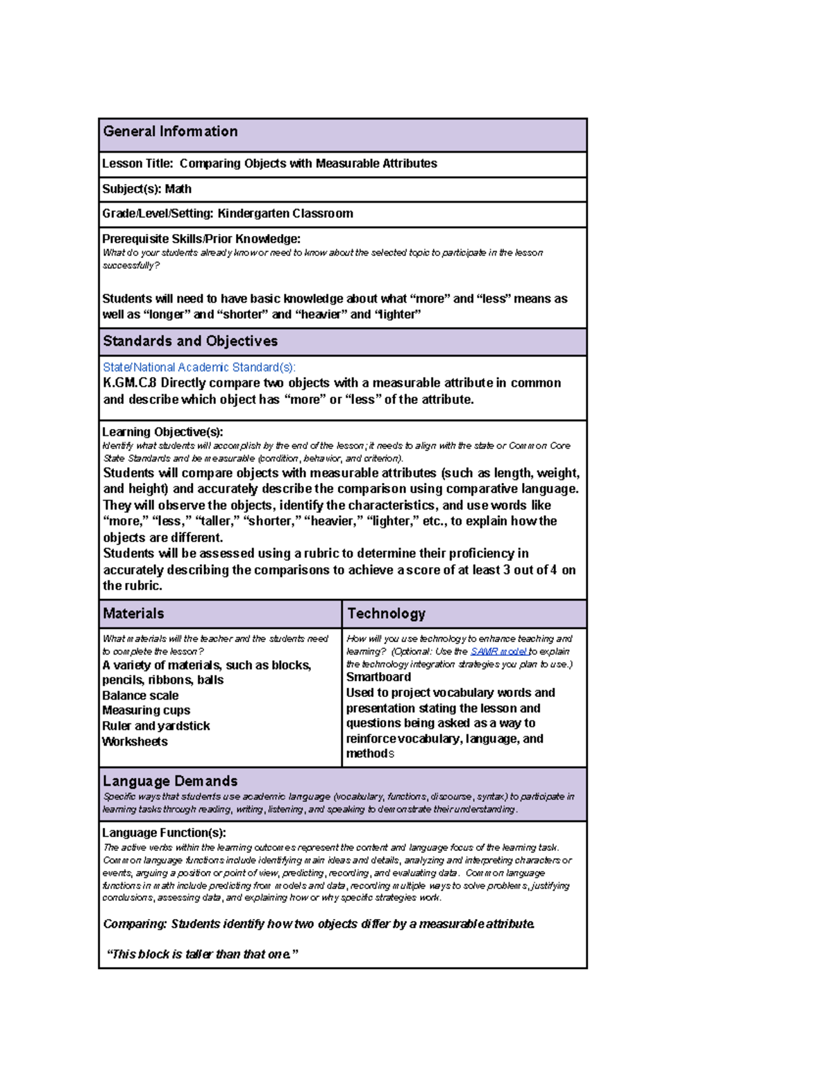 lesson PLAN MORE OR LESS - General Information Lesson Title: Comparing ...