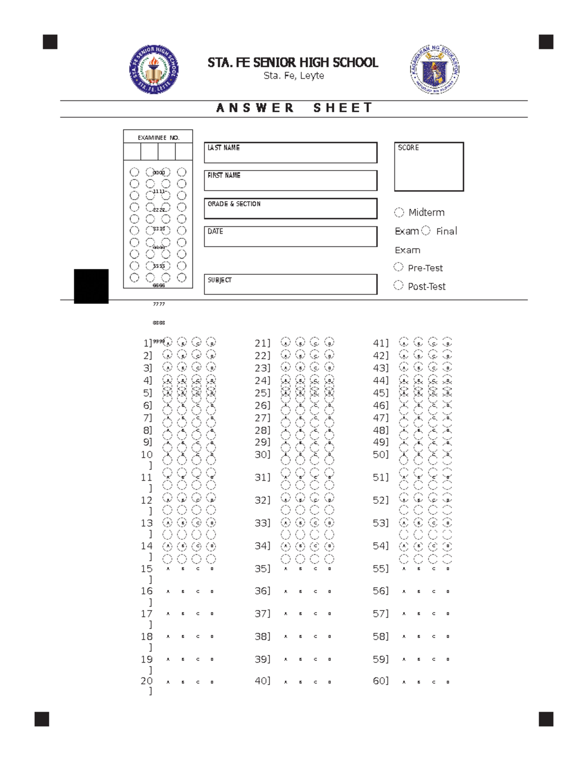 356185615 Answer Sheet Sample For Shading EXAMINEE NO 0000 1111 2222