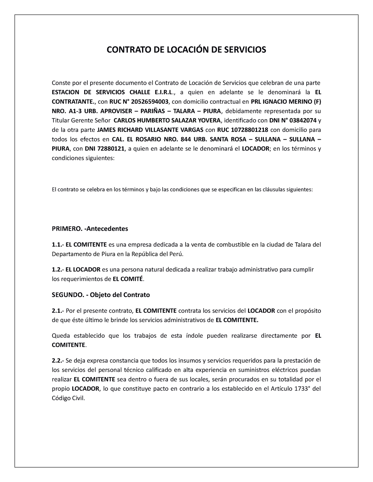 Contrato Locacion Modelo Contrato De LocaciÓn De Servicios Conste Por El Presente Documento El 9816