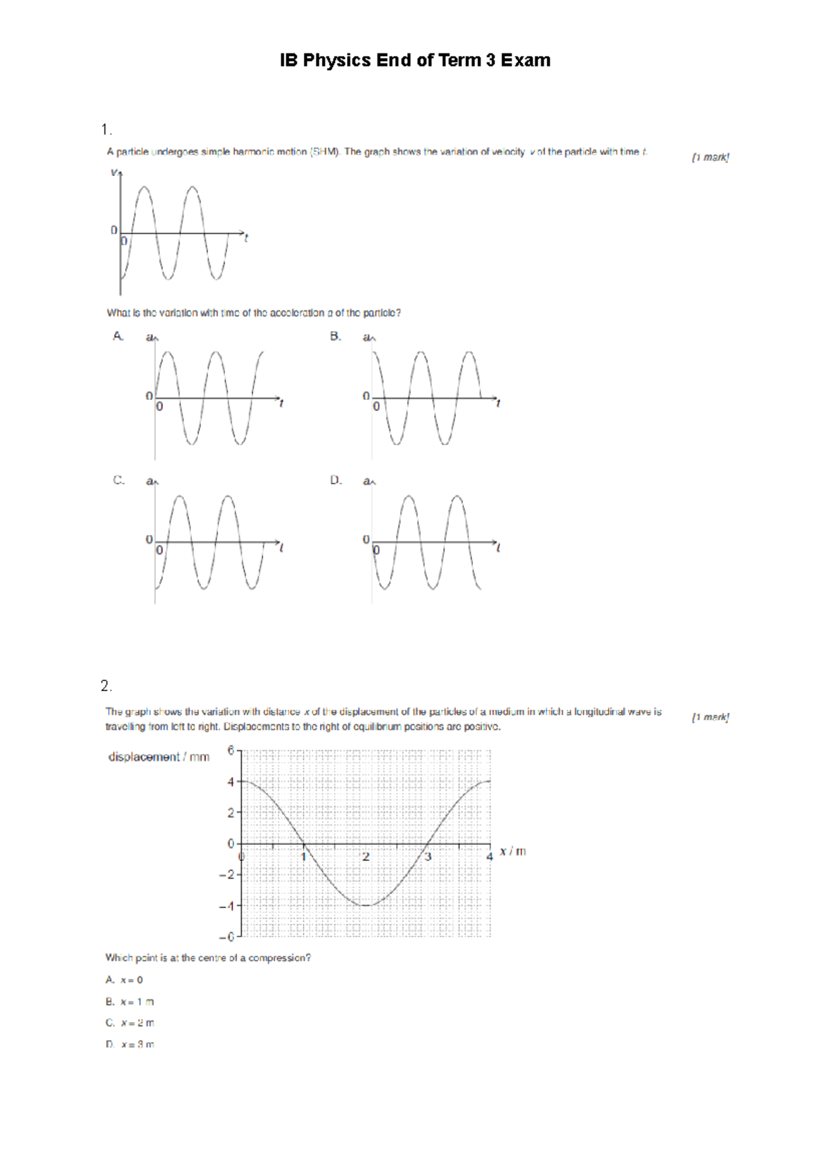 IB Physics End of Term 3 Exam - Maths 2 E1.14 - 2. 3. 4. 5. 6. 11. a) b ...