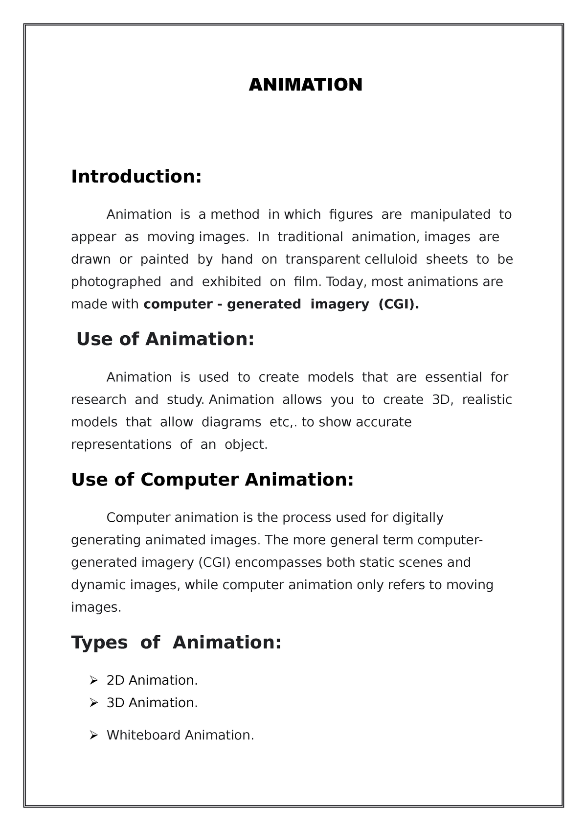Animation - This document is projects work... - ANIMATION Introduction:  Animation is a method in - Studocu