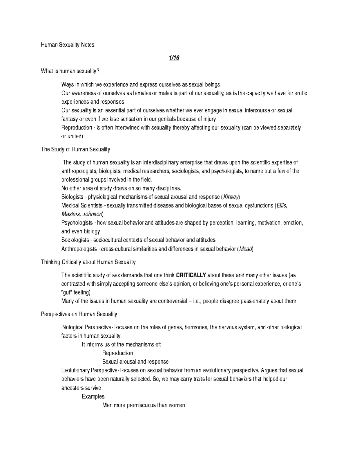 Human Sexuality Notes - Hu ma nSe x u a l i t yNo t e s 1 / 1 6 Wh a t ...