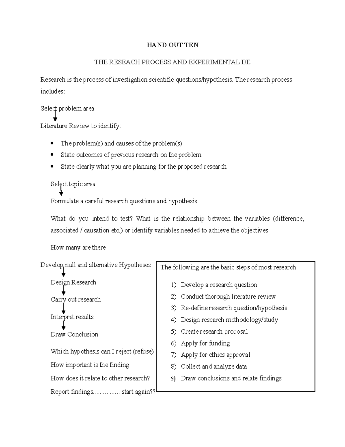 HAND OUT TEN - Biostatistics notes - HAND OUT TEN THE RESEACH PROCESS ...