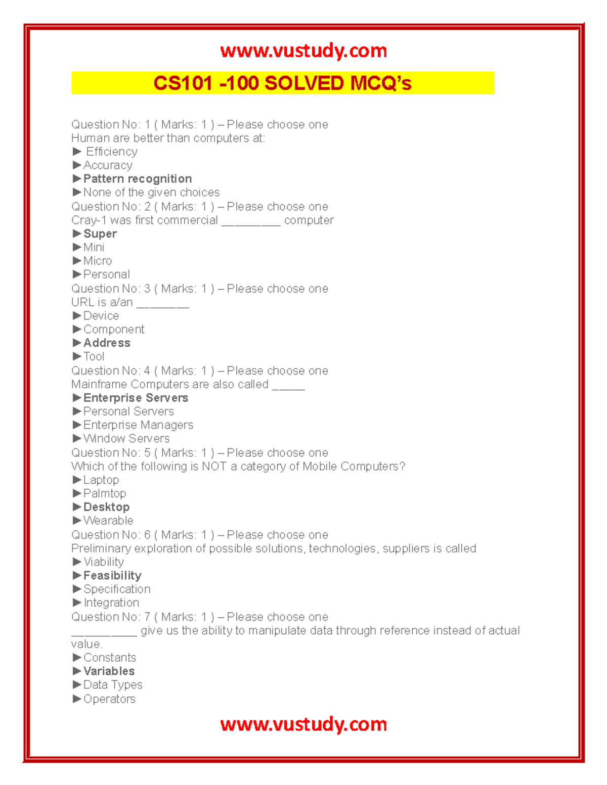 CS101 100 Solved Midterm MCQ’s 1 - CS101 -100 SOLVED MCQ’s Question No ...