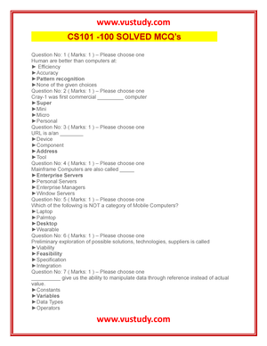 Cs101-solved-mcqs-midterm-exam-2013 - CS101 Introduction To Computing ...