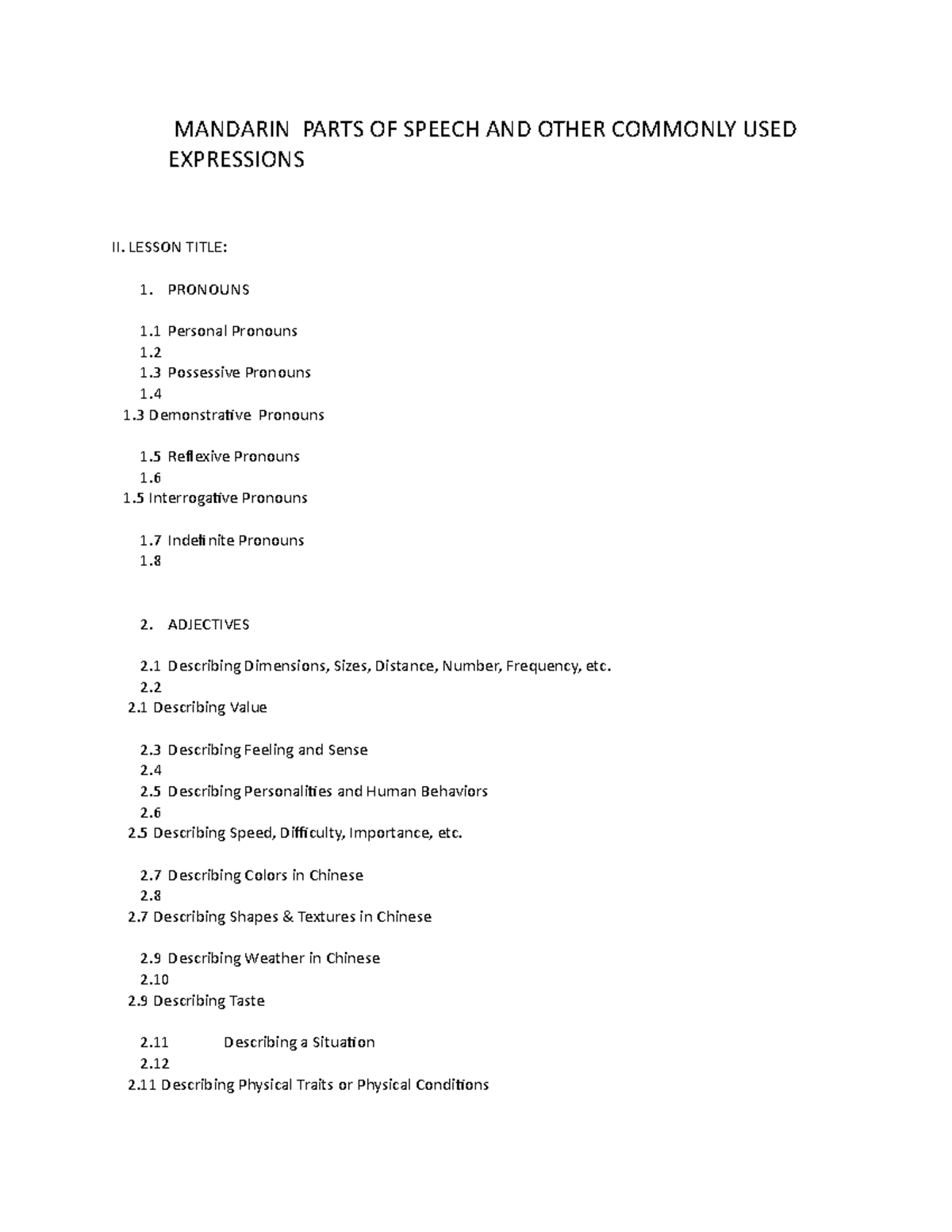 Mandarin Parts OF Speech AND Other Commonly USED Expressions MANDARIN