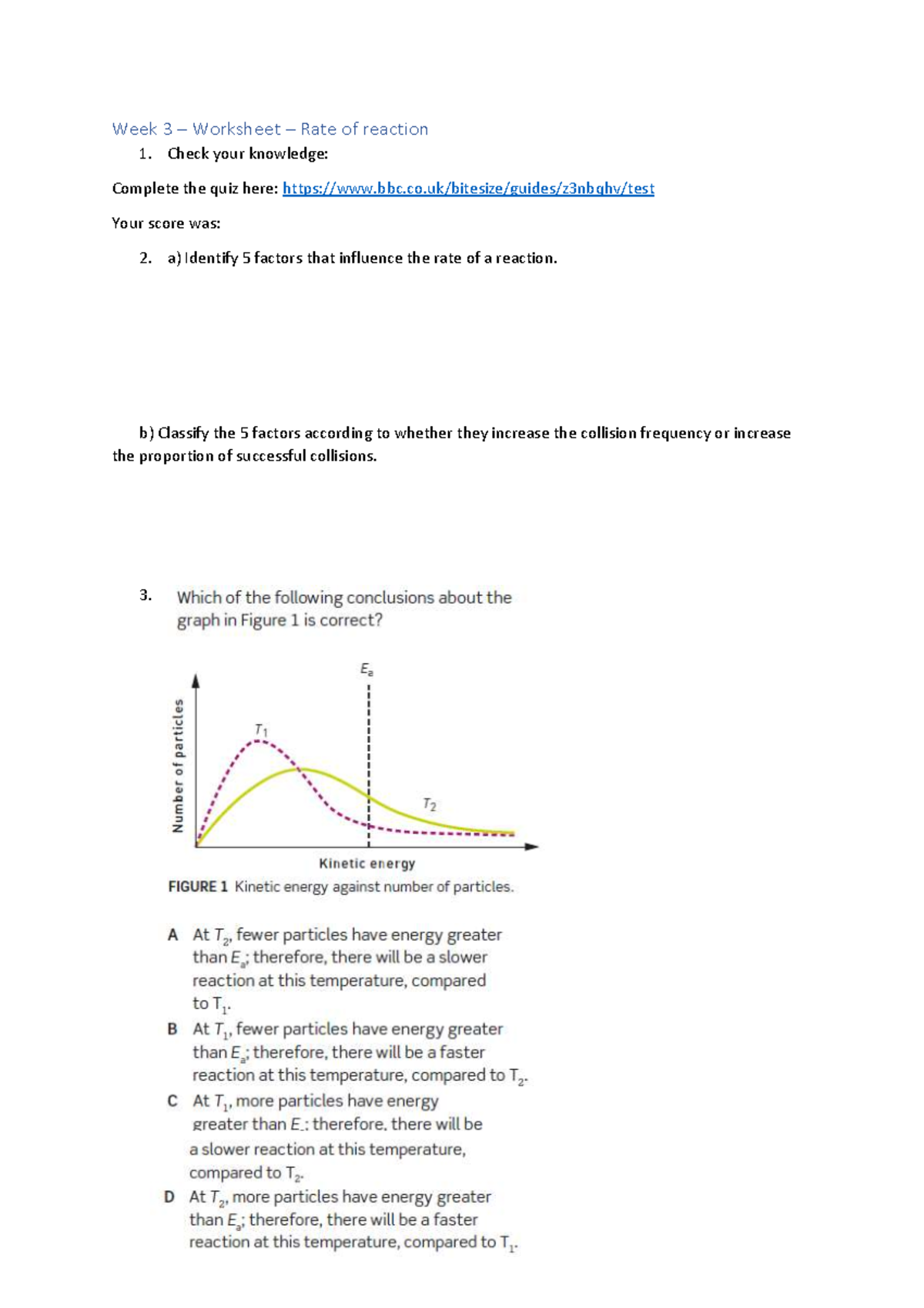 Week 3 Worksheet Rates Reaction - Week 3 – Worksheet – Rate of reaction